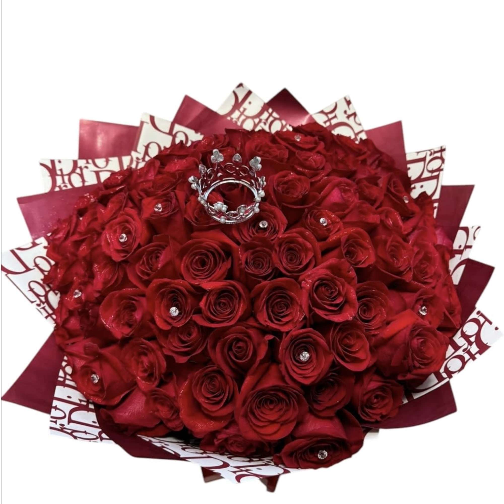 In this bouquet of 100 red roses, romance overflows like a river
