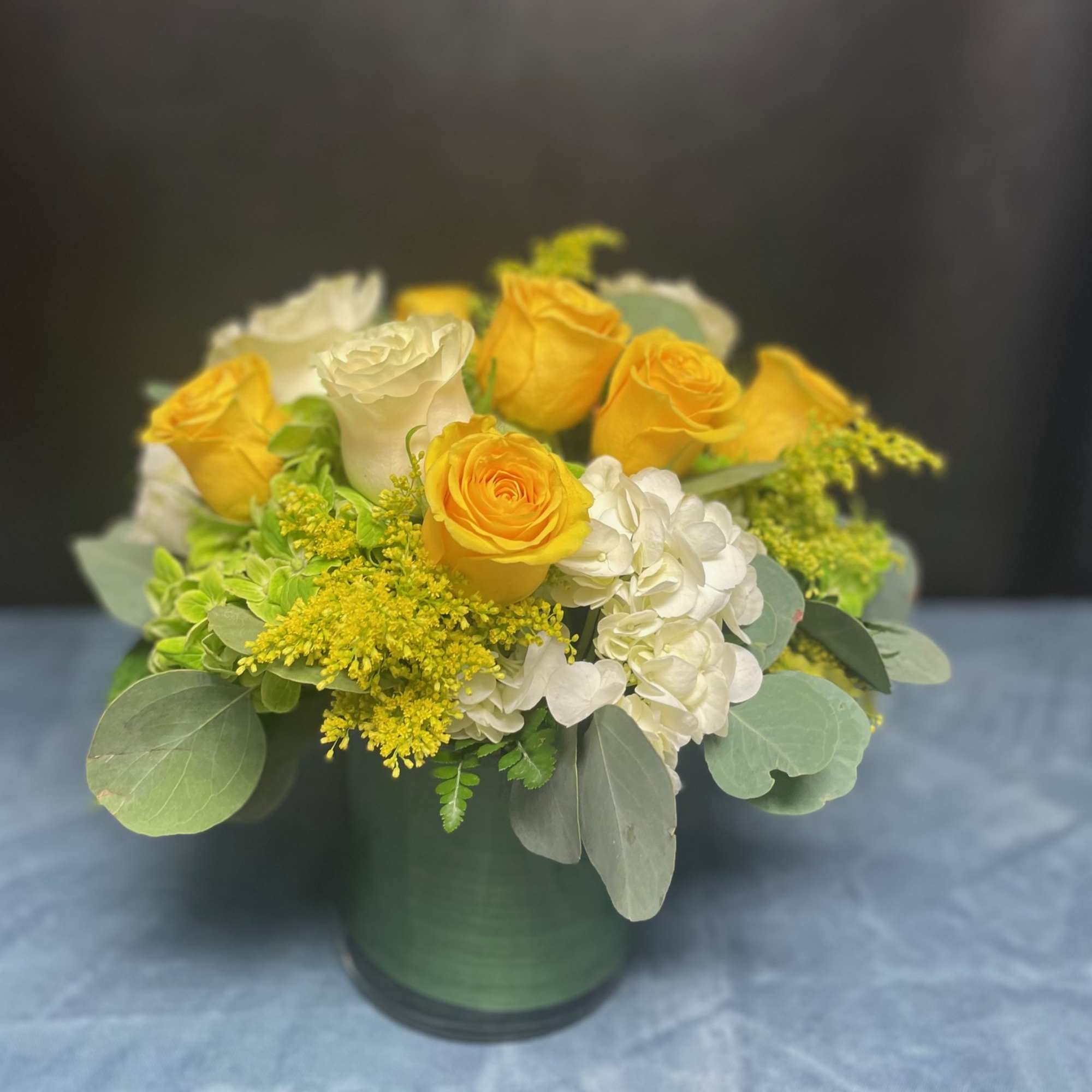 White and Yellow Roses, Green and White Hydrangeas, Solidago and Greenery  White and Yellow Roses, Green and White Hydrangeas, Solidago and Greenery