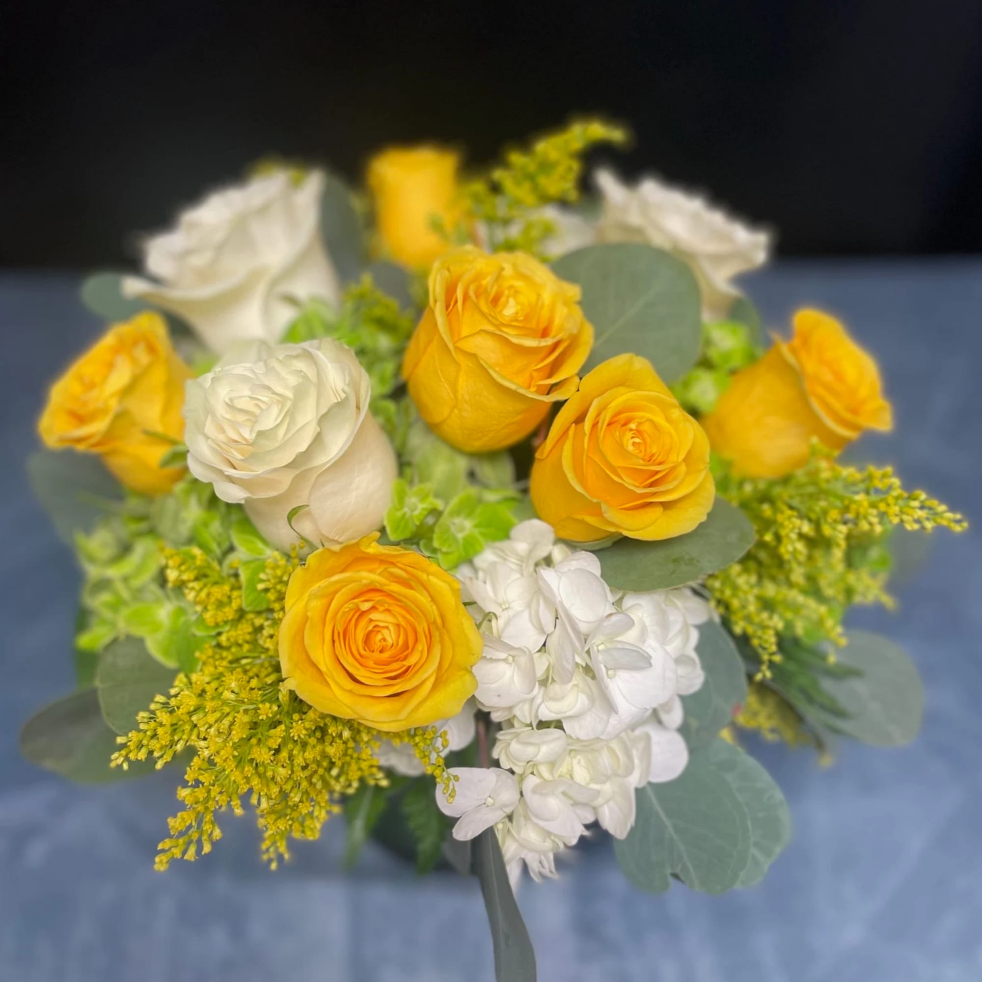 White and Yellow Roses, Green and White Hydrangeas, Solidago and Greenery  White and Yellow Roses, Green and White Hydrangeas, Solidago and Greenery