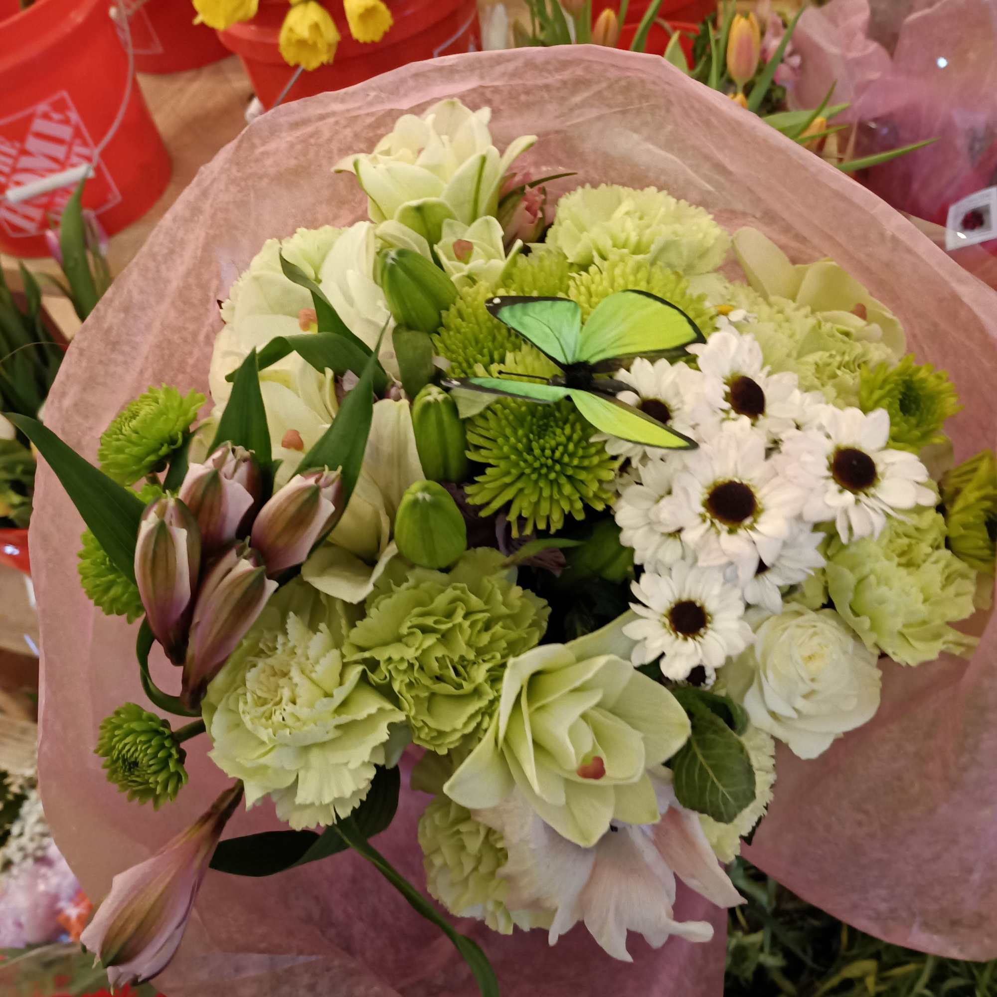Beautiful green everything: carnations, white daisies, mint, roses and lilies with green