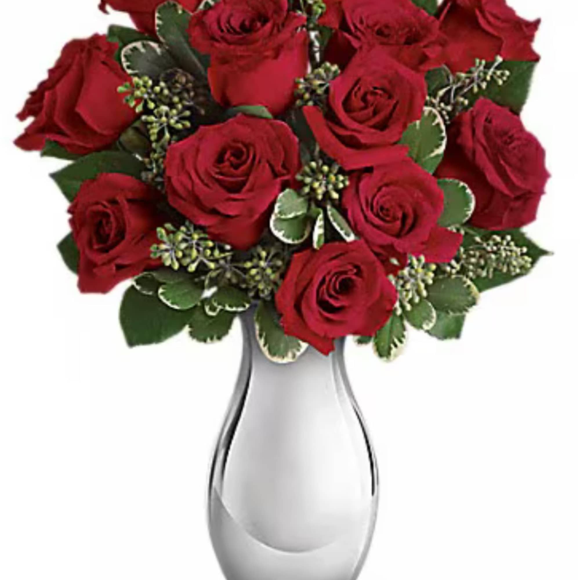A gorgeous Dz red roses in a beautiful silver ceramic vase with