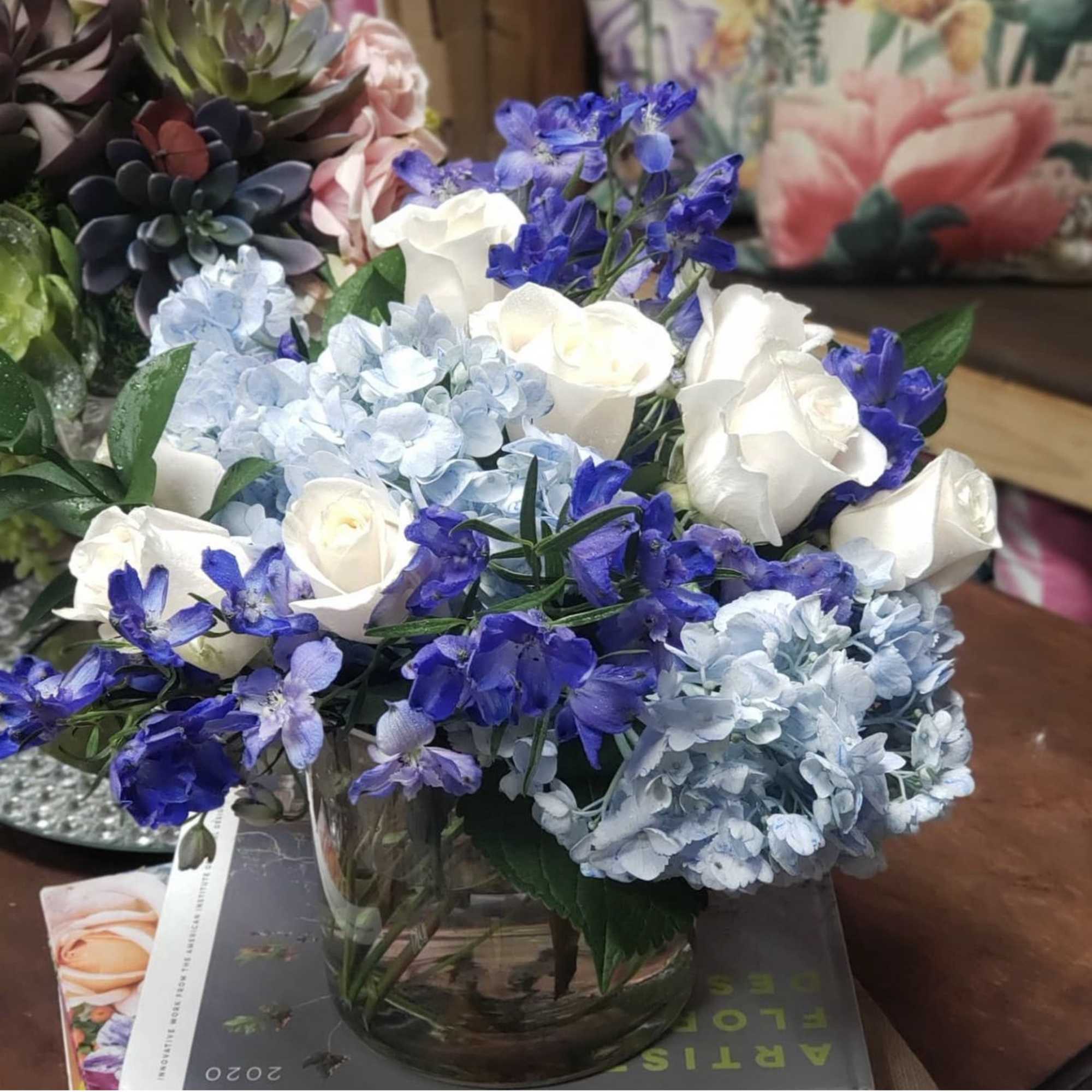 DESIGNER CHOICE of Seasonal Blue and White Fresh Cut Florals (to include