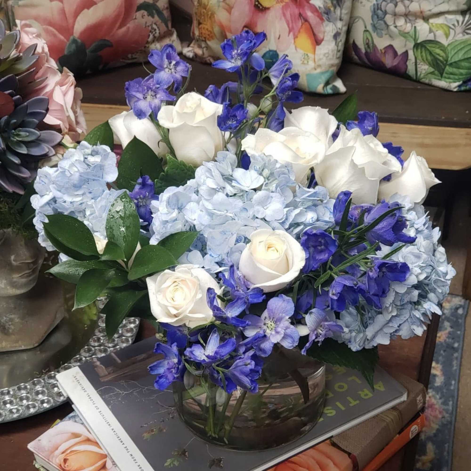 DESIGNER CHOICE of Seasonal Blue and White Fresh Cut Florals (to include