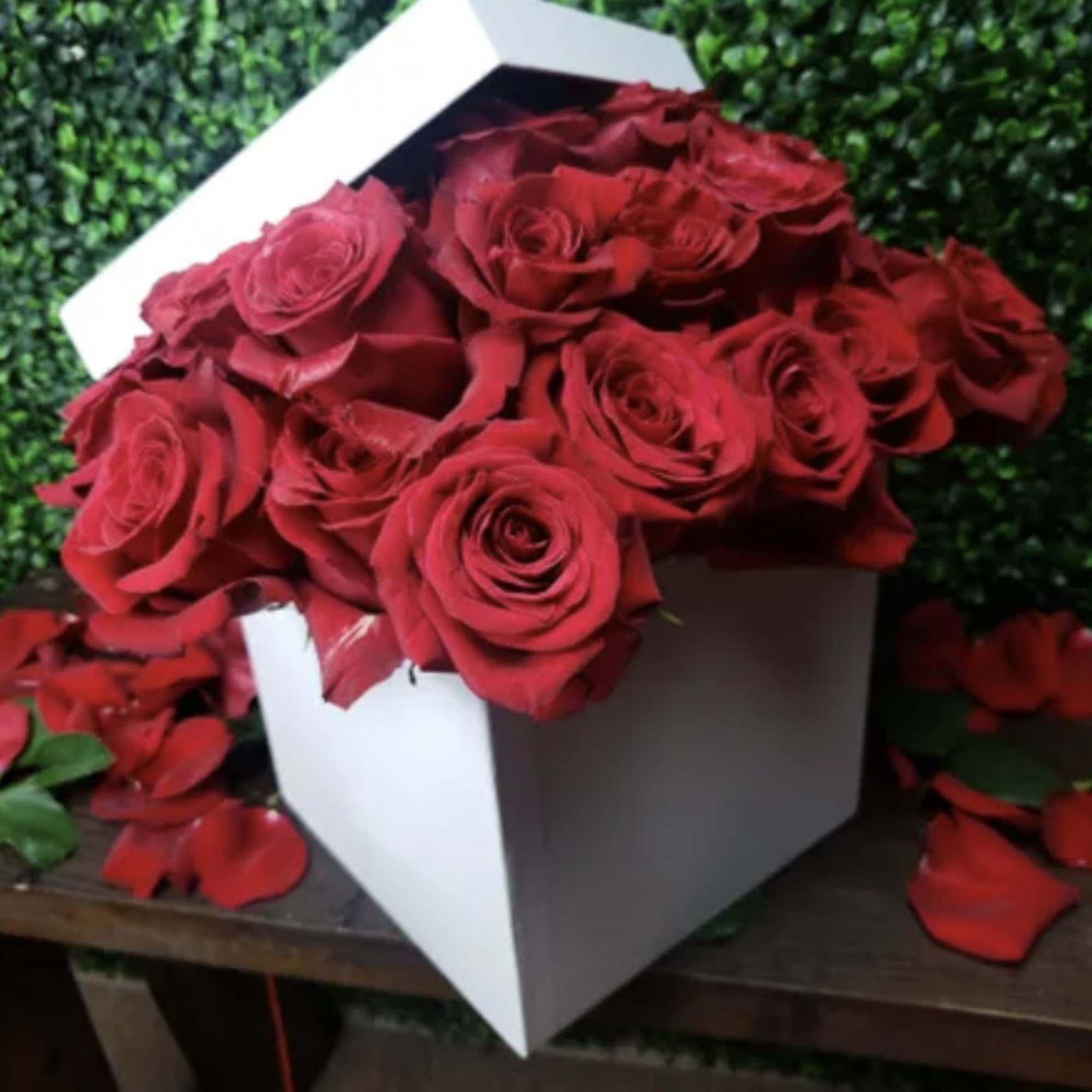 12 (standard) or 24 (deluxe) Premium Roses placed in a decorative waterproof