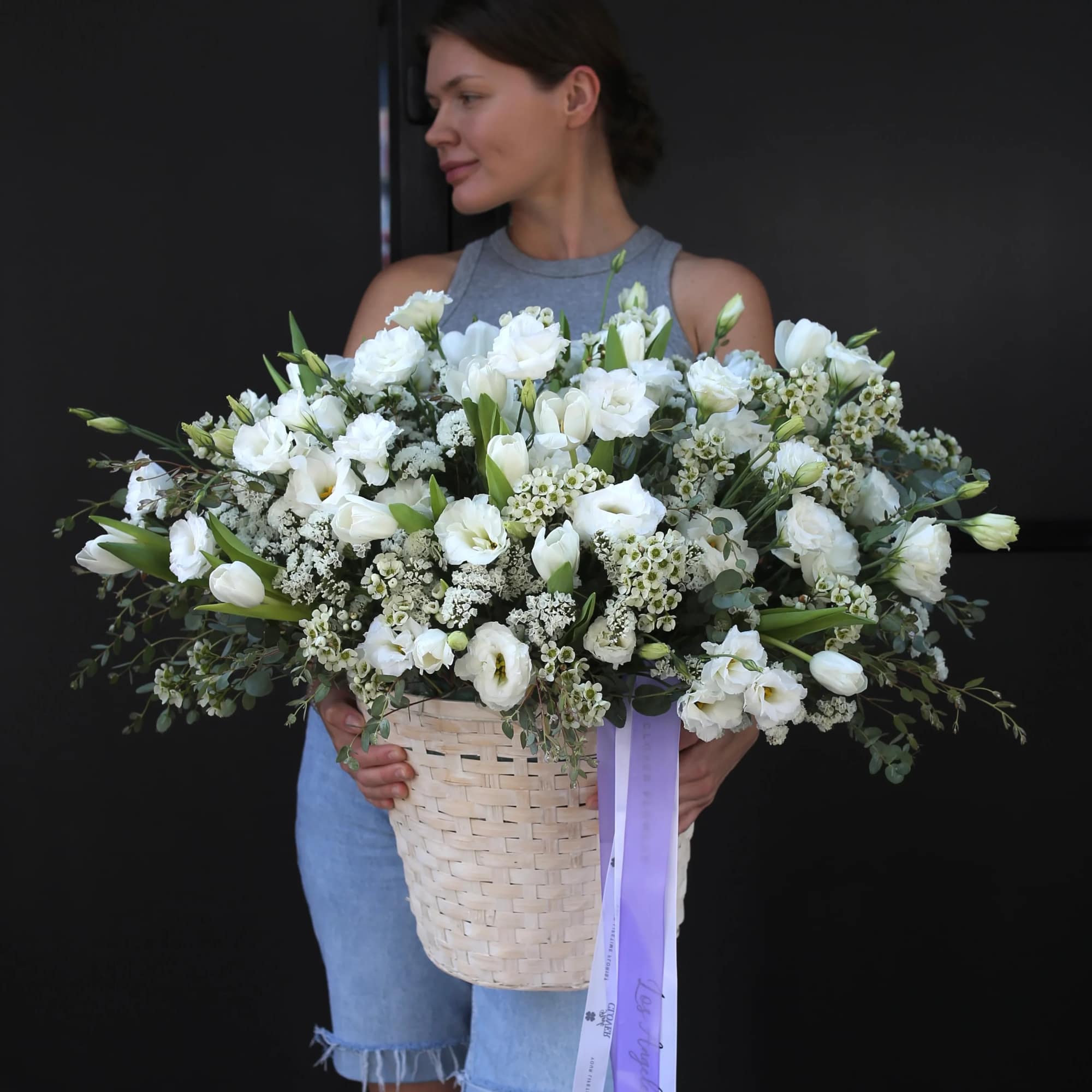 Princess is a basket with all white flowers. Mix of roses, hydrangea