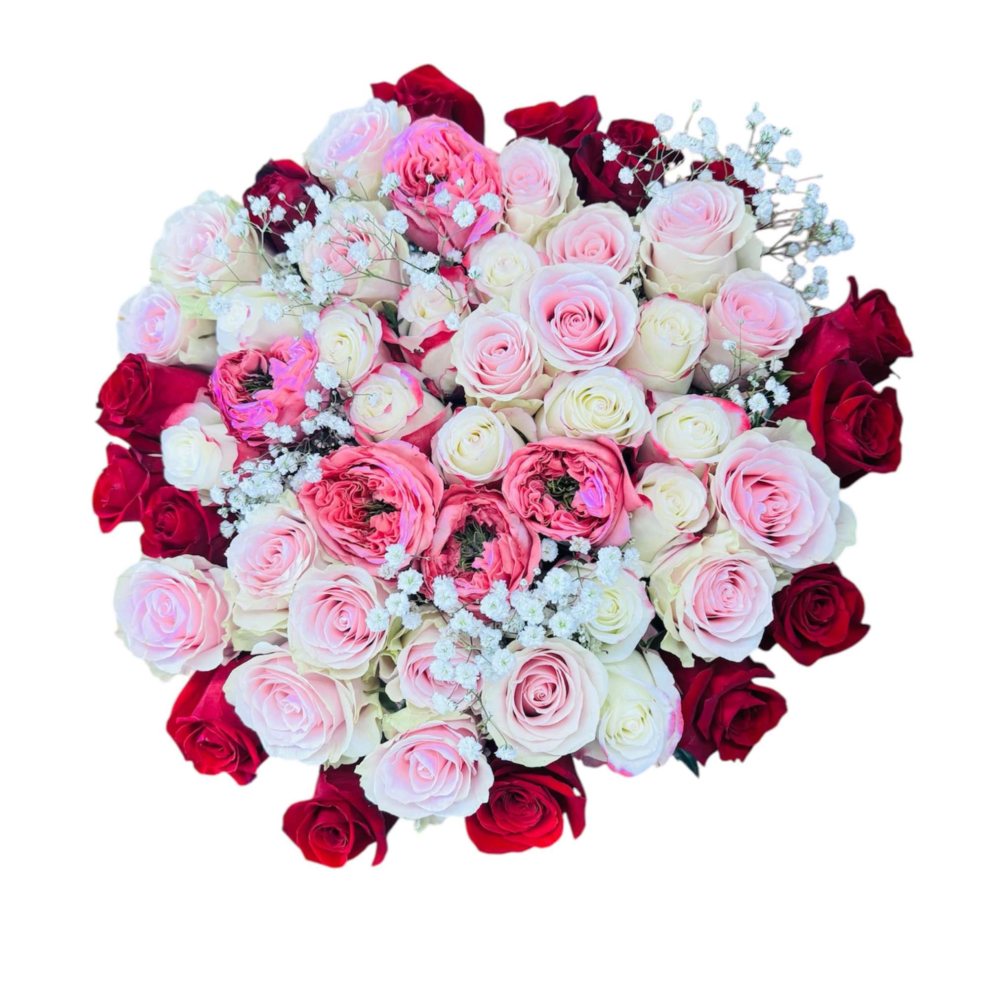 This stunning rose arrangement showcases a romantic blend of red, blush pink