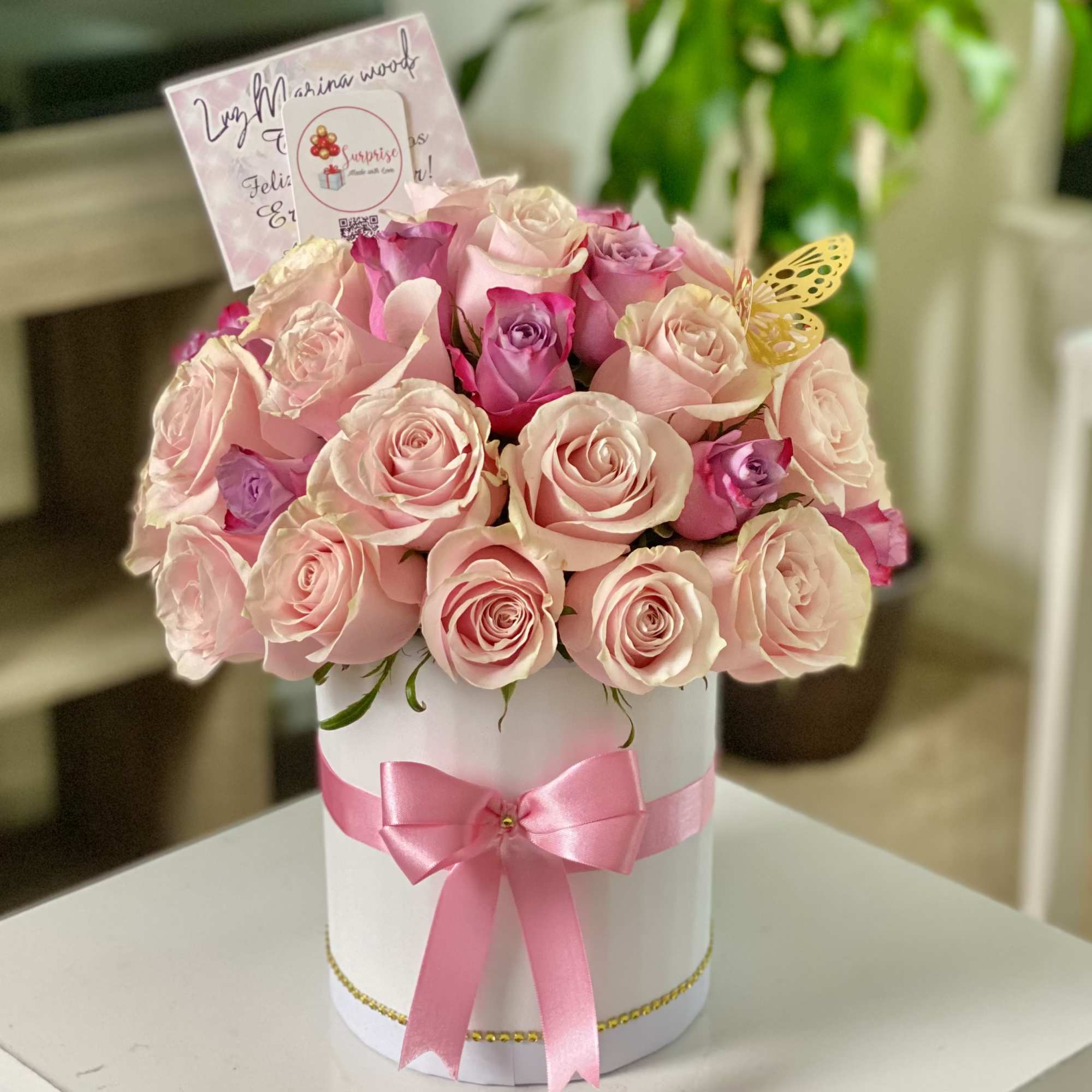 Beautiful floral arrangement with roses in light tones that inspire calm and