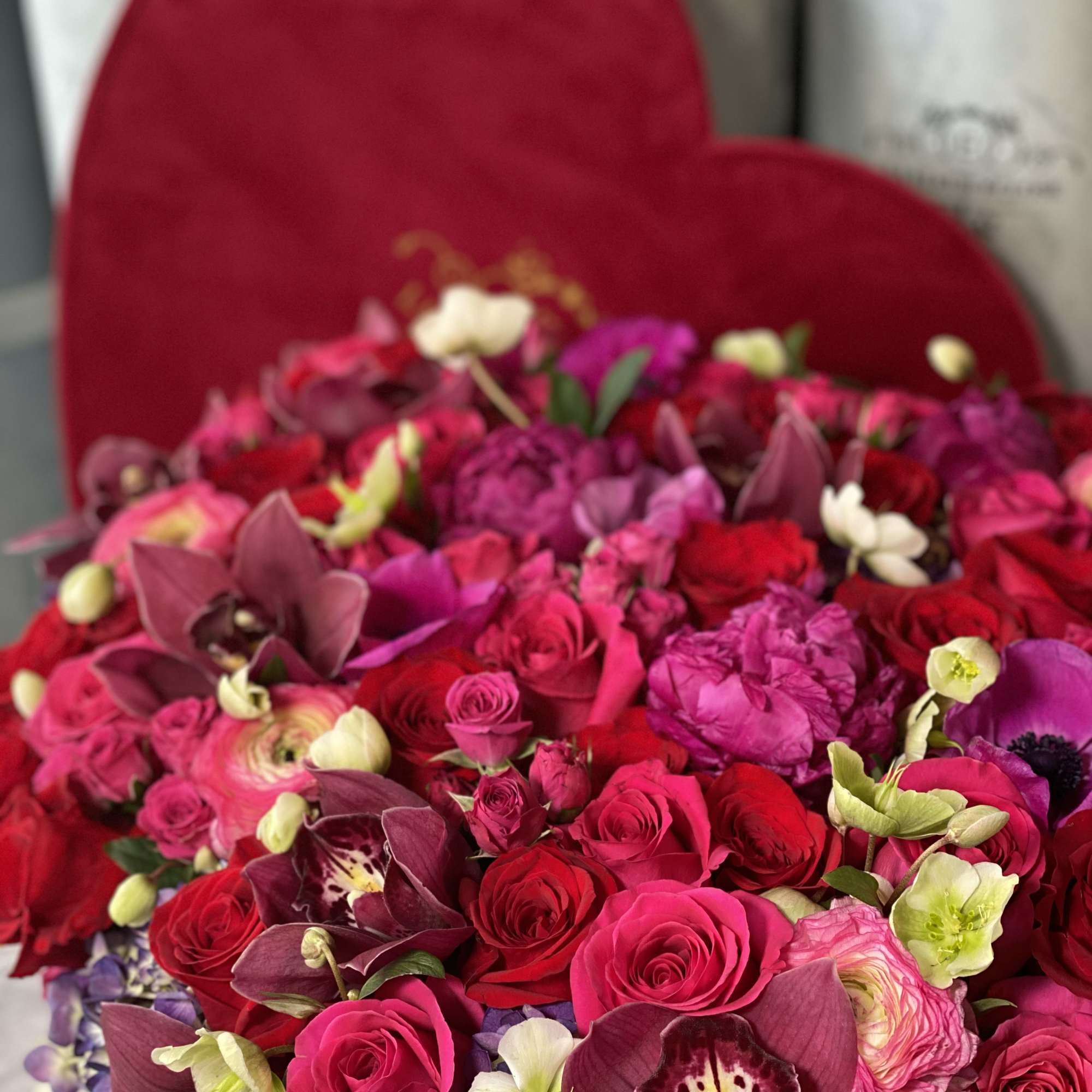 Beautiful heart shaped velvet box with mix flower arrangement of roses, peonies Beautiful heart shaped velvet box with mix flower arrangement of roses, peonies