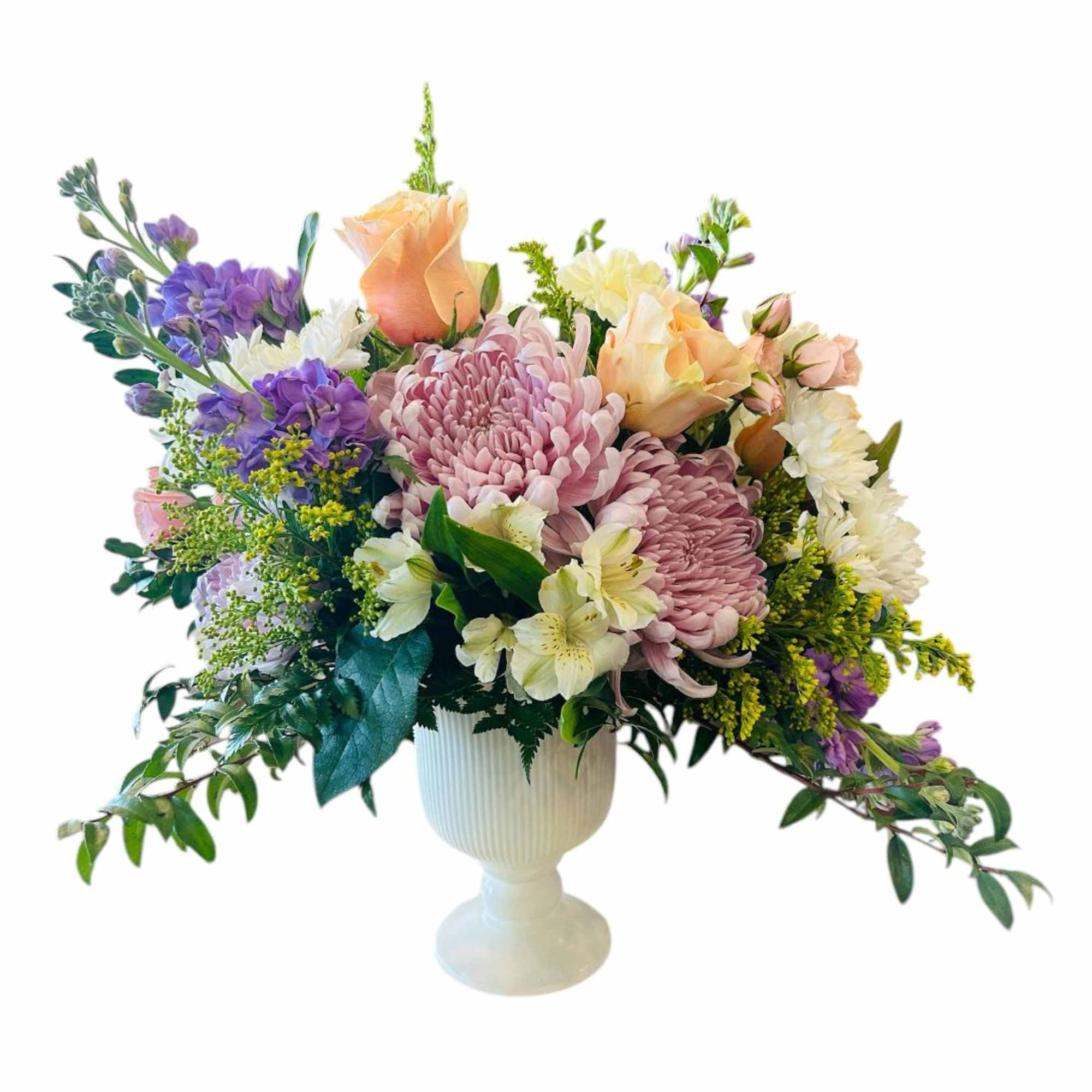 A lush and elegant floral arrangement that combines soft pastels with rich A lush and elegant floral arrangement that combines soft pastels with rich