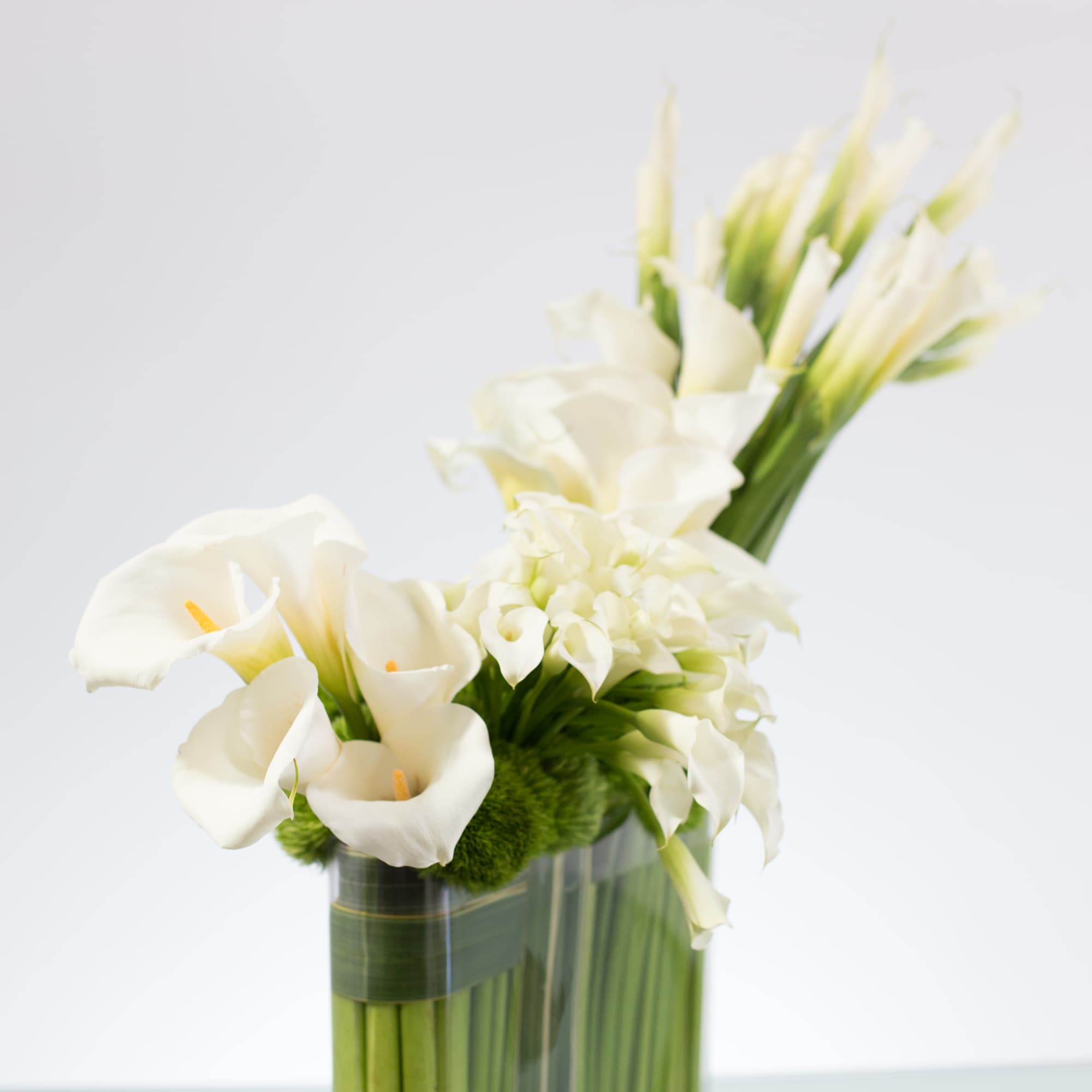 A large arrangement with a beautifully sculptured swoop of Calla Lillies and