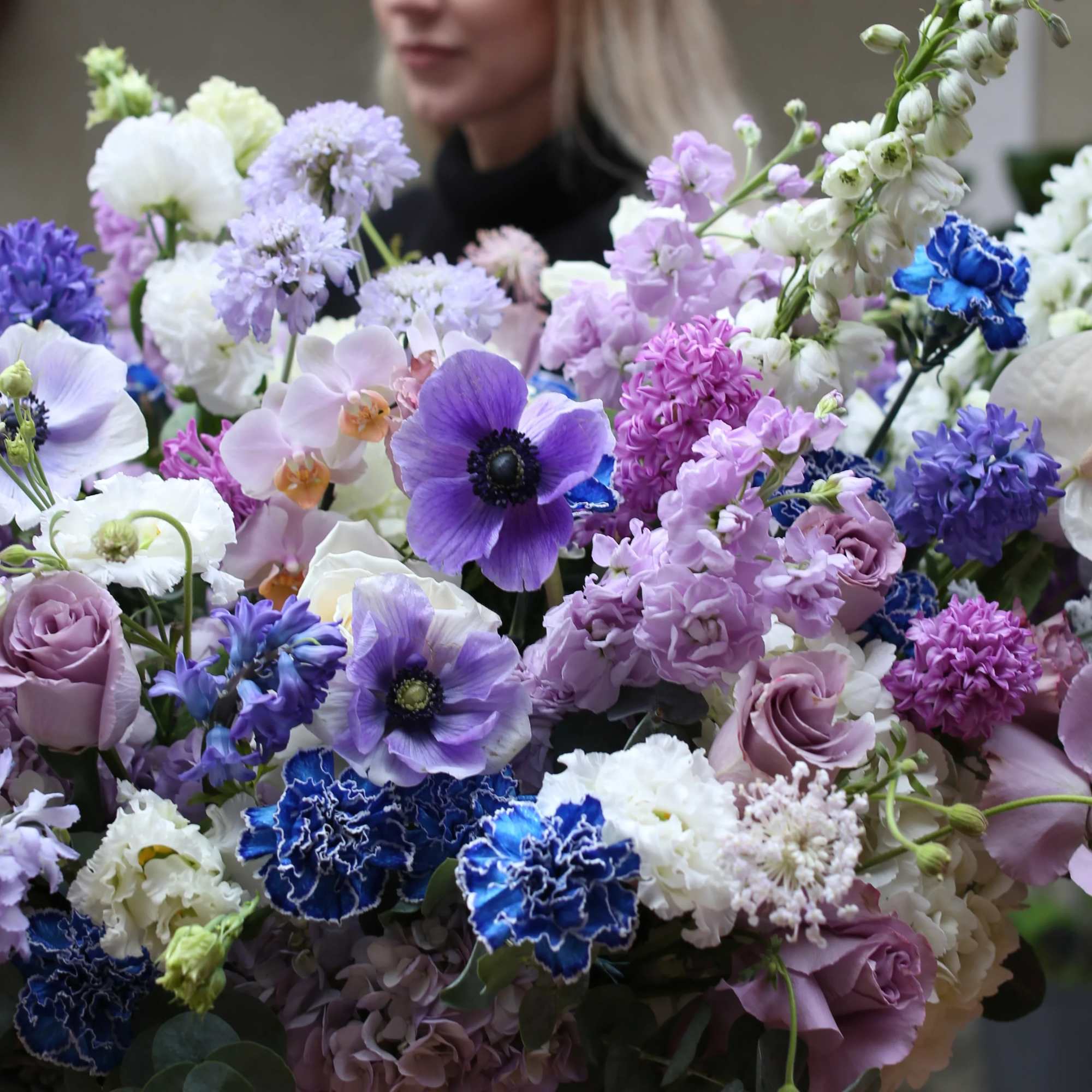 Violet is a large basket with wonderful, unique flowers: anemones, scabiosa, hyacinth