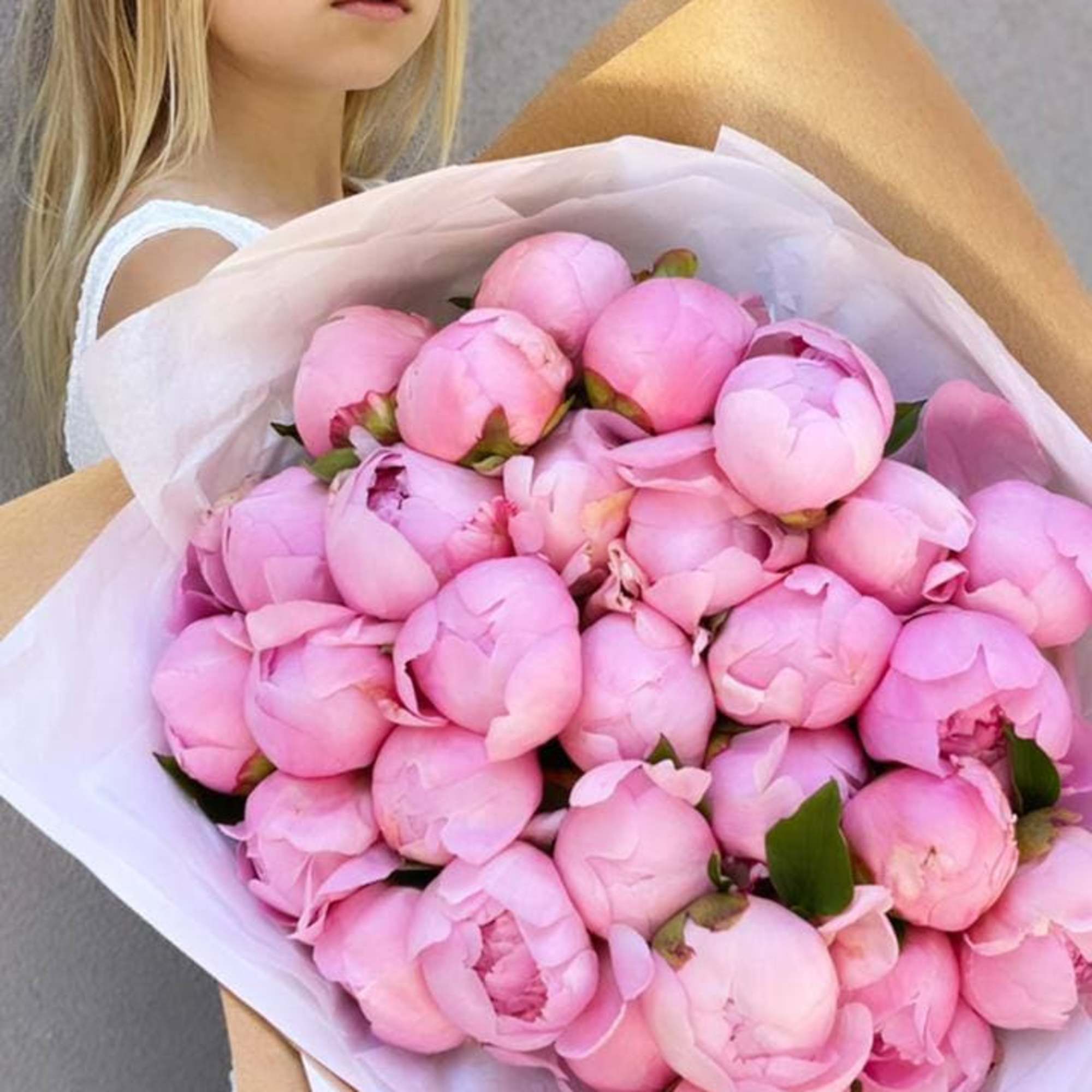 Gorgeous bouquet of peonies comes in light pink, white or red shades