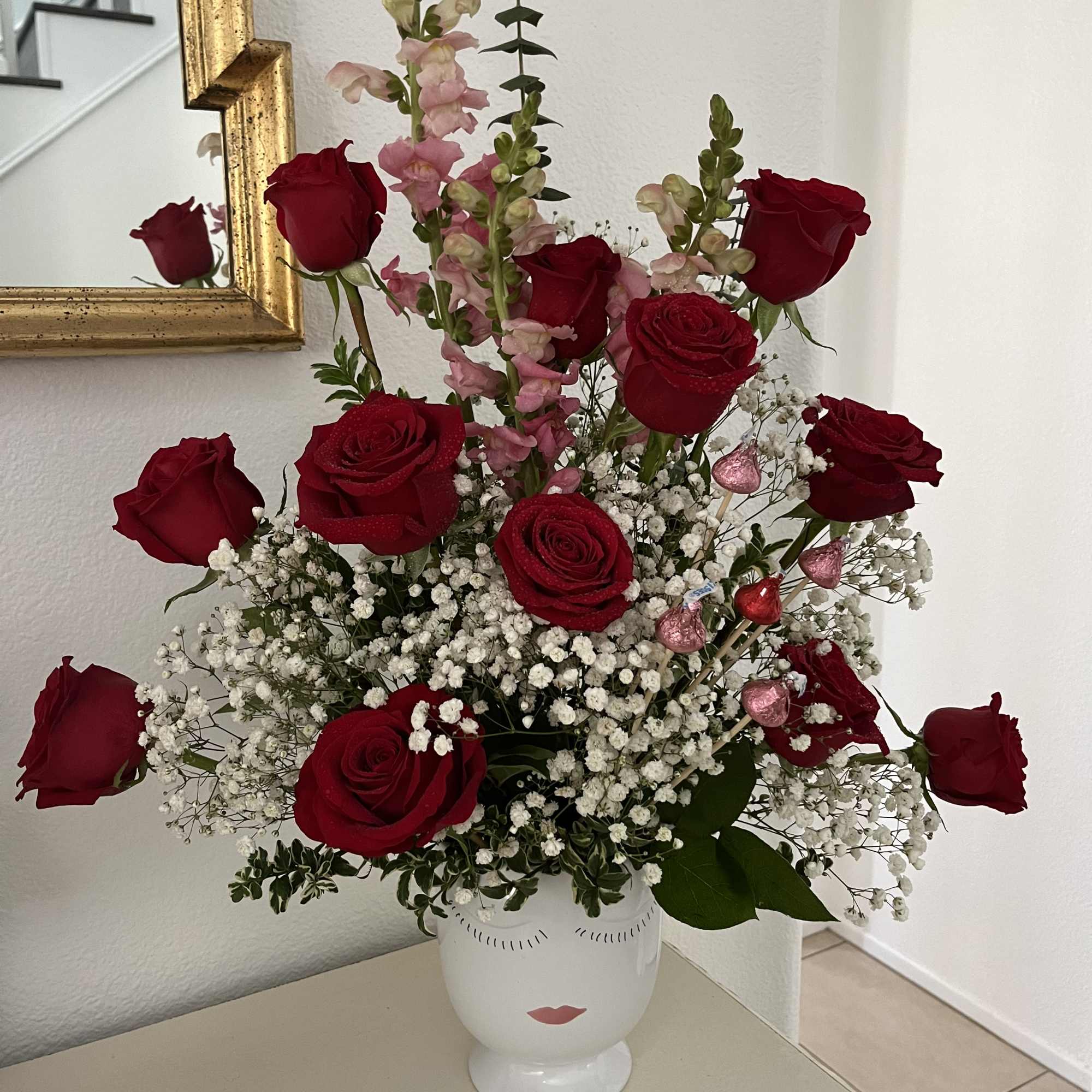 1 dozen roses, Hershey kisses, pink snapdragons 