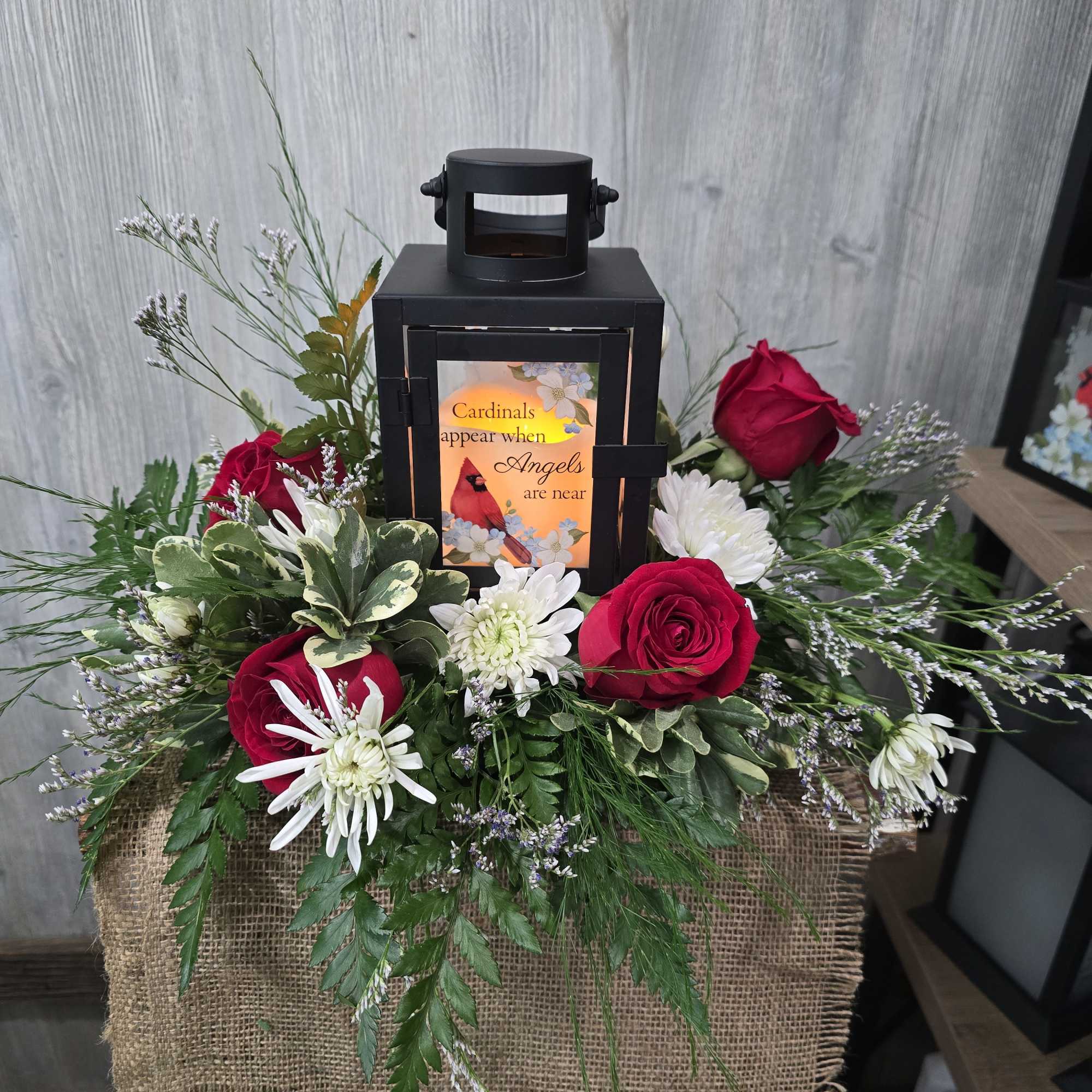 A beautiful keepsake lantern that says
&quot;Cardinals appear when angels are near&quot;
Placed in