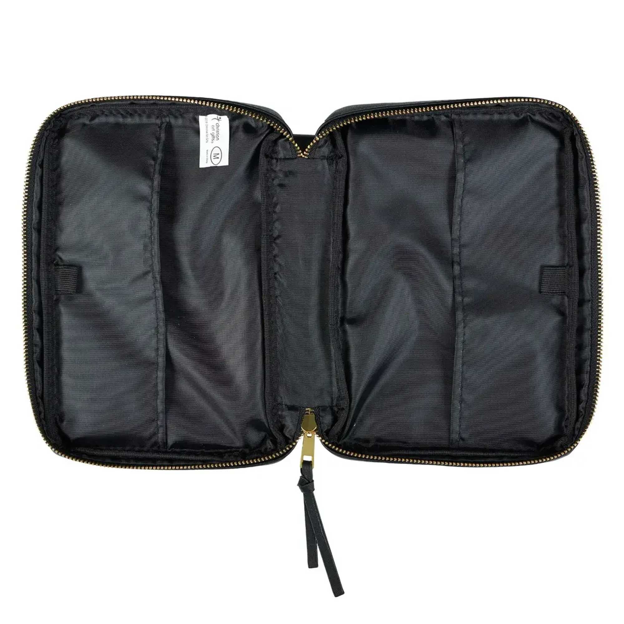 This classy black-and-tan LuxLeather Bible cover wonderfully reminds you and your loved