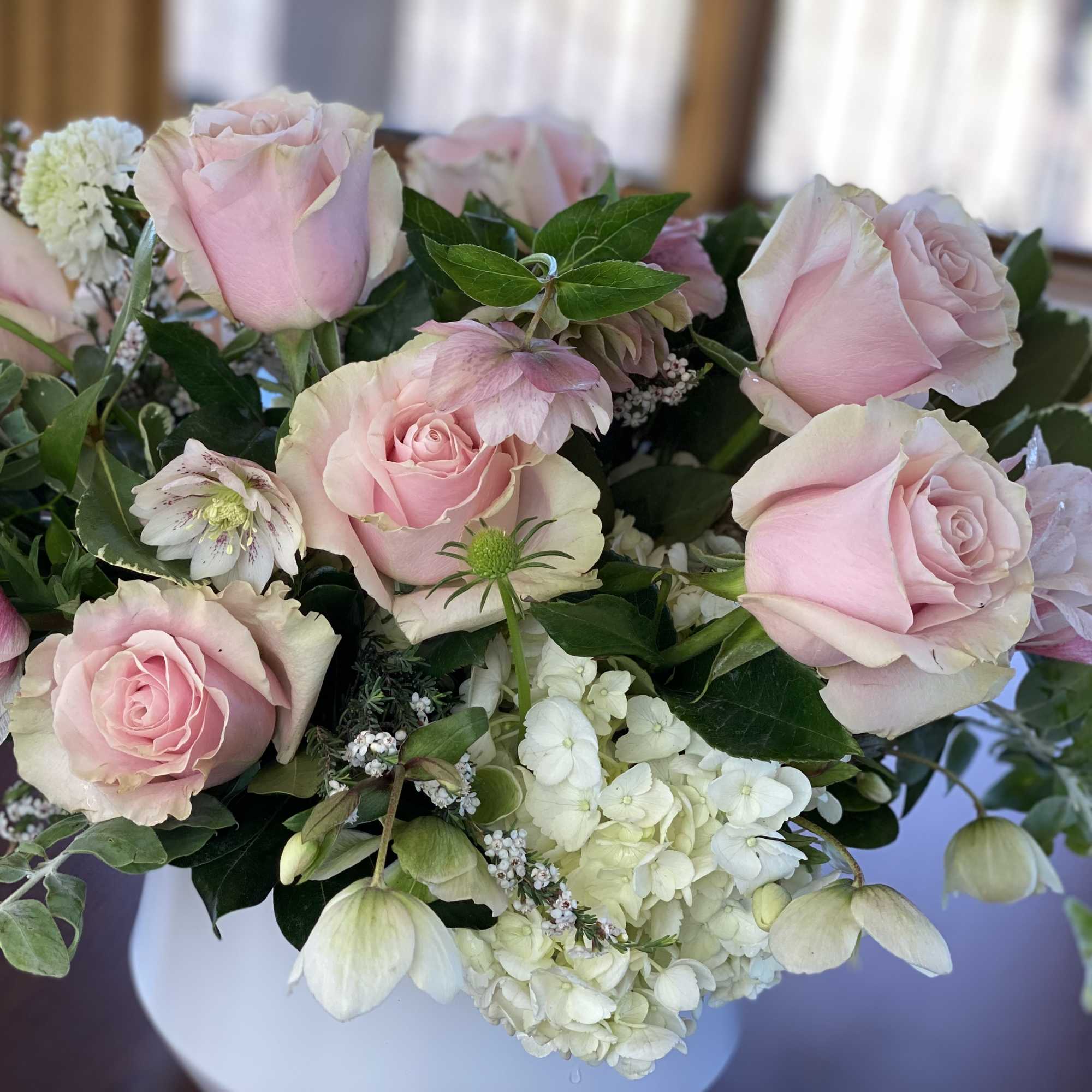Make a big impression with this elegant bouquet! Blushing Pink Roses, Hellebore