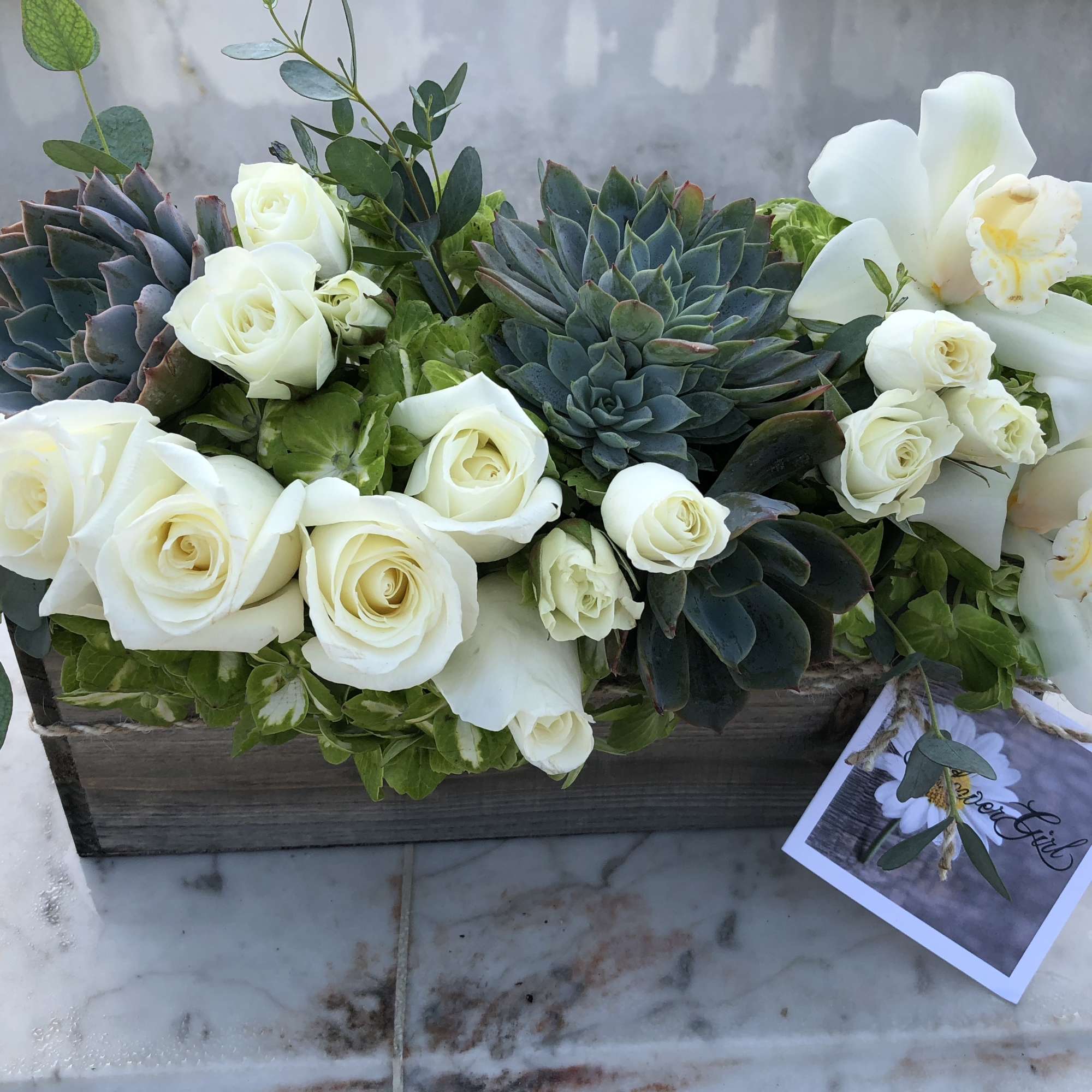 Succulents and soft white roses with cymbidium orchids transform this into a