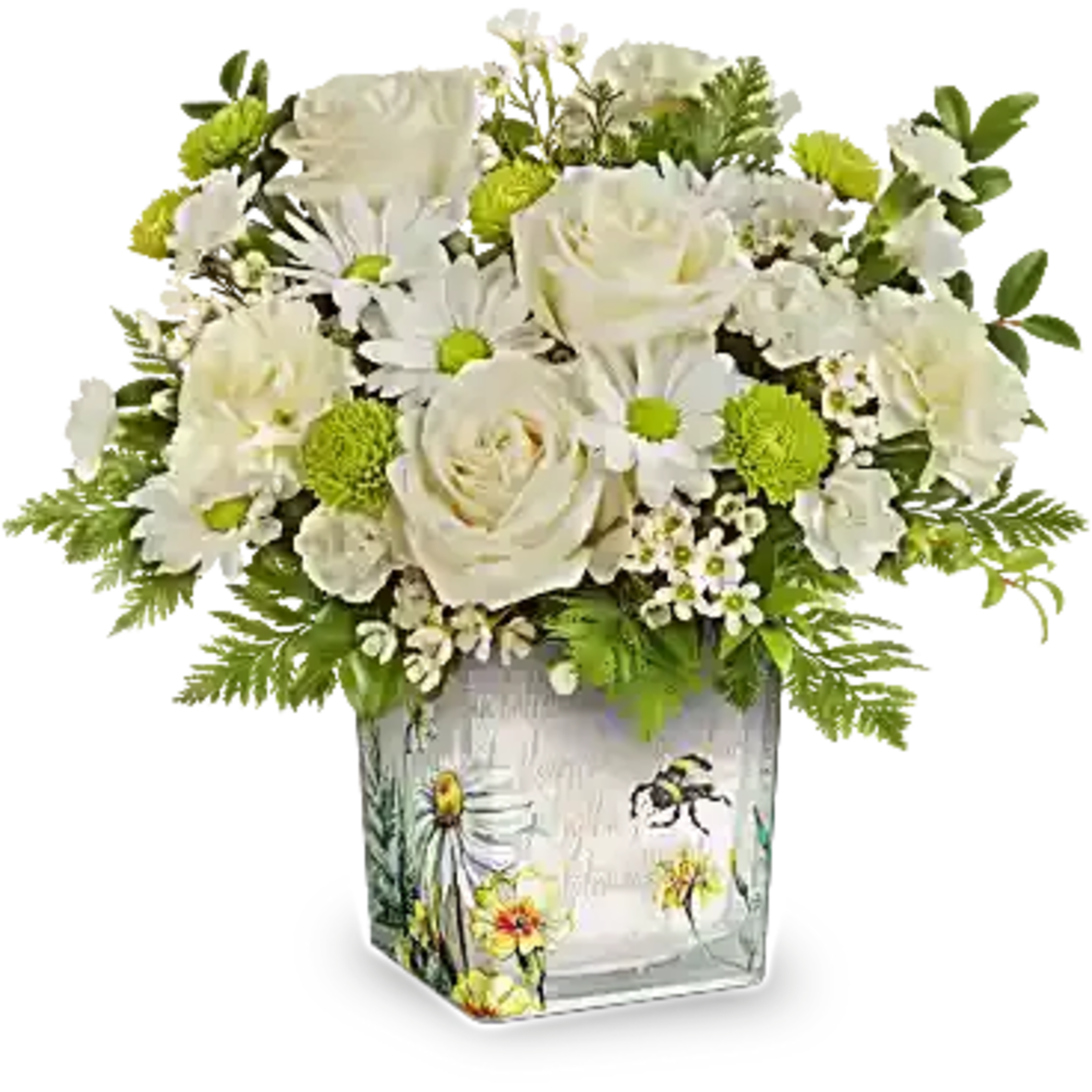 Celebrate them with this captivating white, light yellow, and green bouquet, elegantly