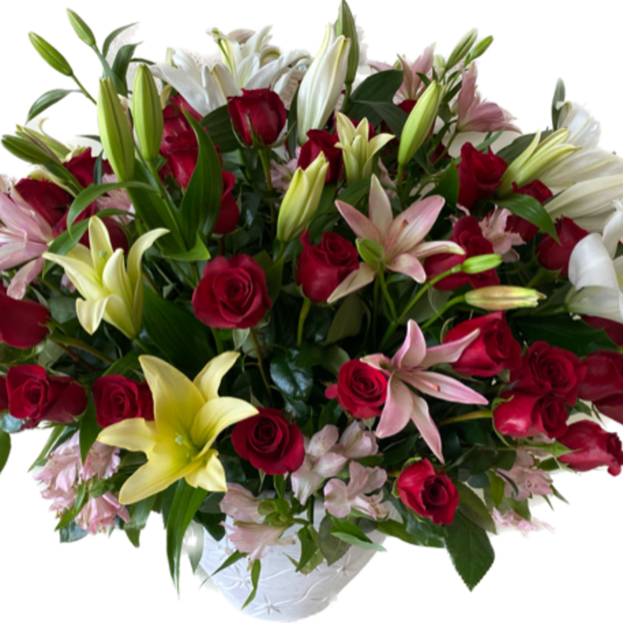 Beautifully arranged with Premium Red Roses with Fragrant Lilies and greenery in