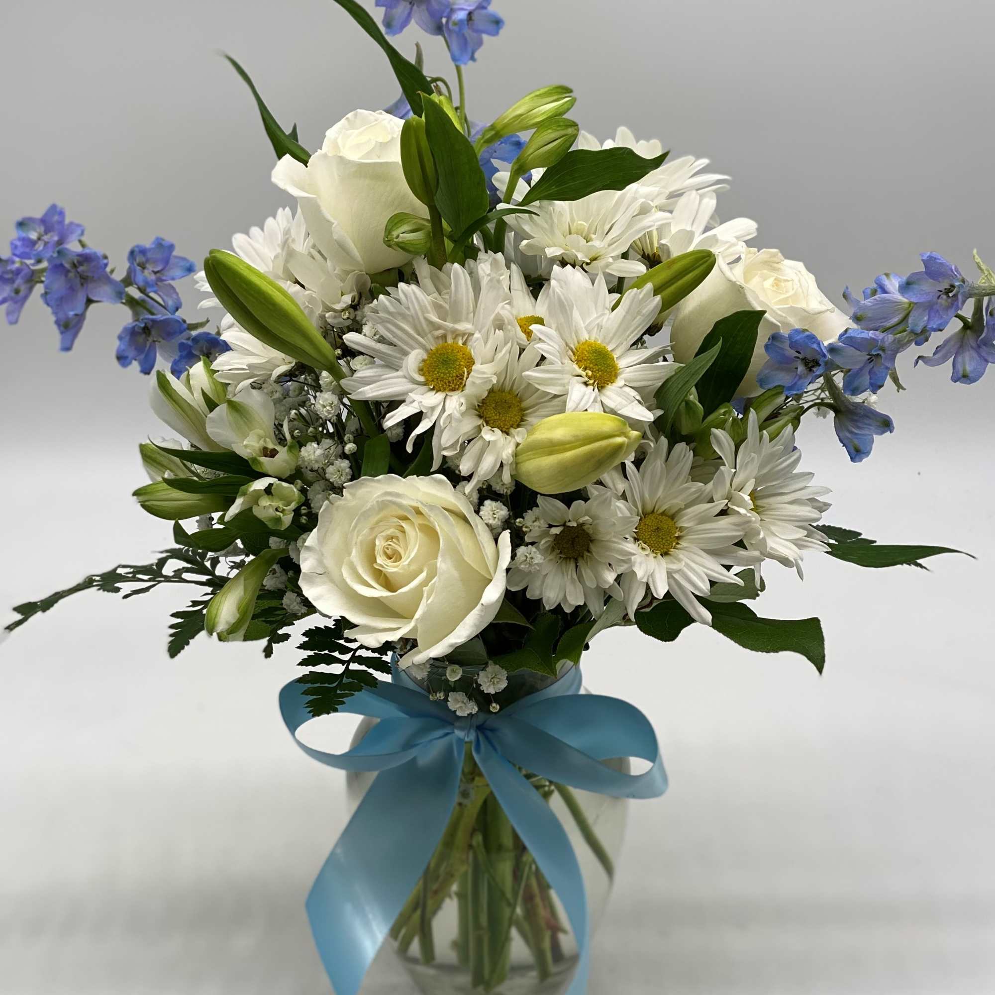 Blue and White Flowers for a Congratulations on a Baby Boy or Blue and White Flowers for a Congratulations on a Baby Boy or