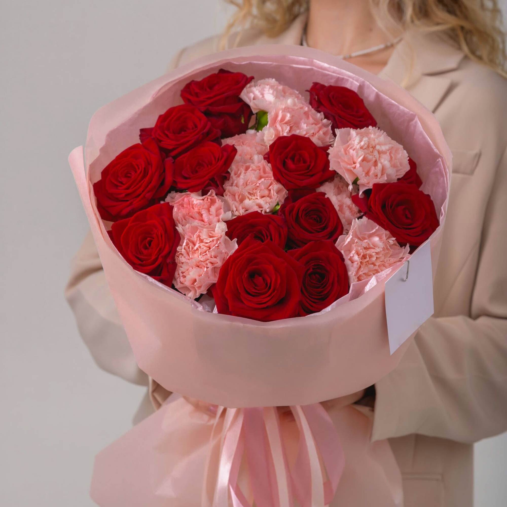 Bouquet of Red Roses with Pink Carnations.