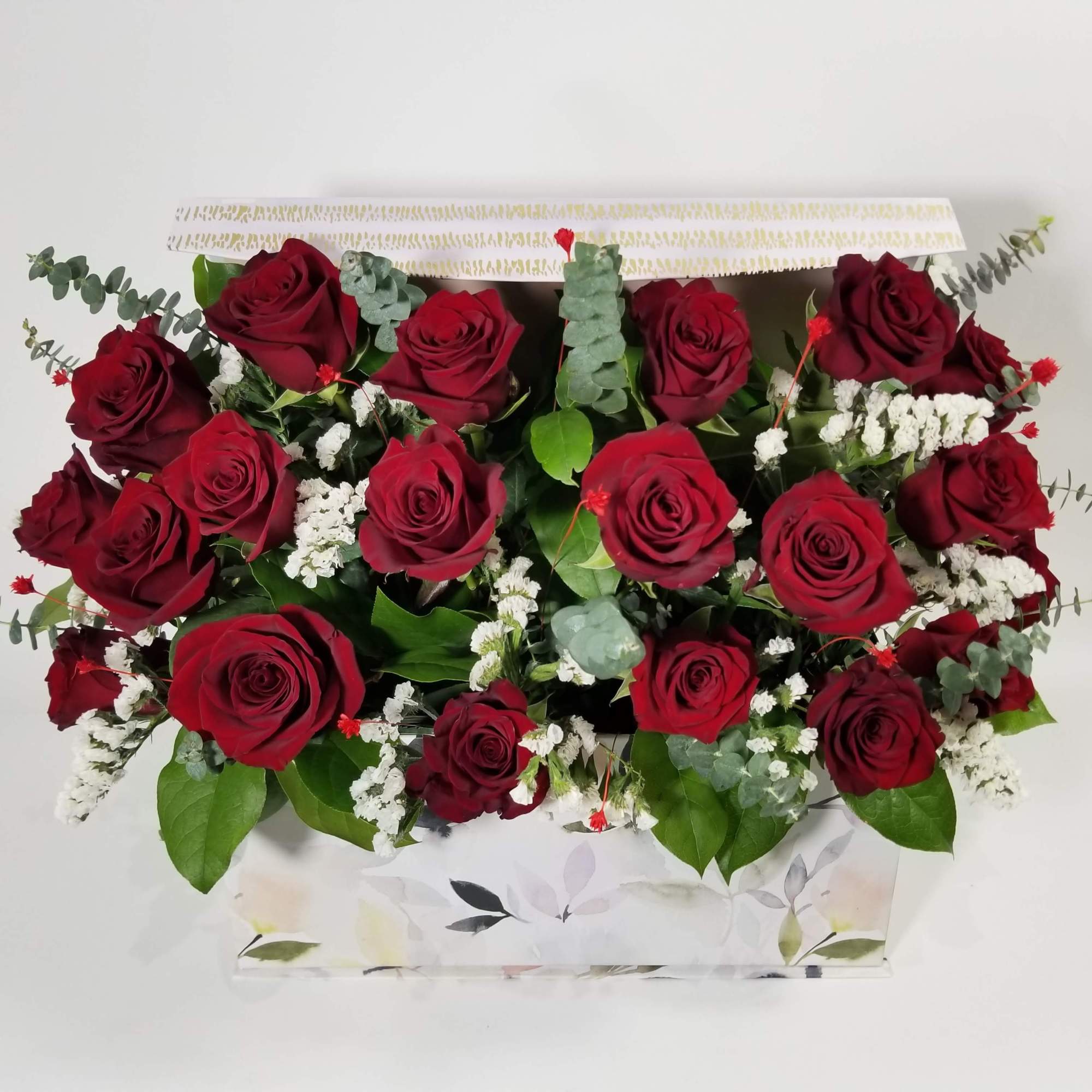 Box of 18, 24, or 36 roses, statice, eucalyptus and greenery. Box of 18, 24, or 36 roses, statice, eucalyptus and greenery.