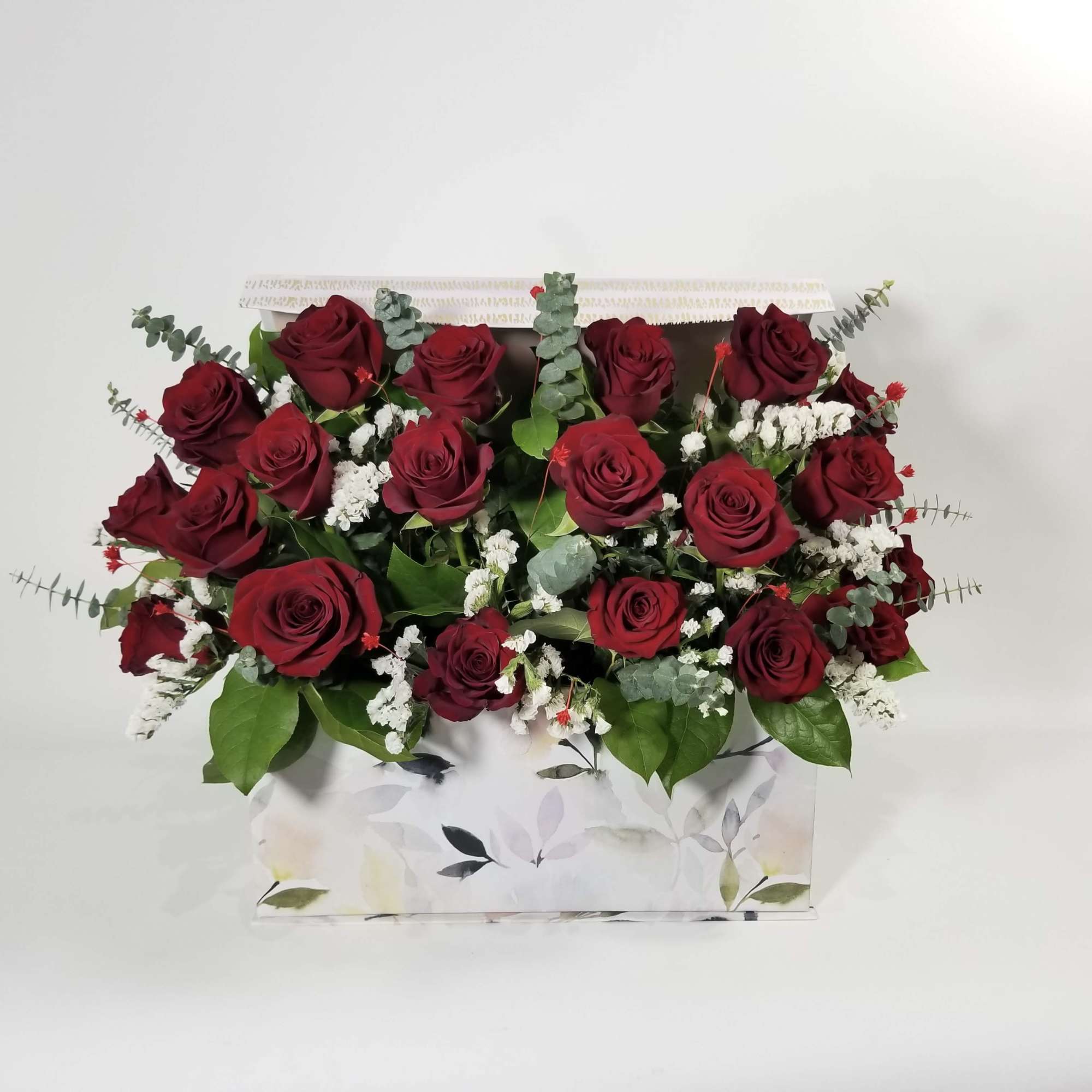 Box of 18, 24, or 36 roses, statice, eucalyptus and greenery. Box of 18, 24, or 36 roses, statice, eucalyptus and greenery.