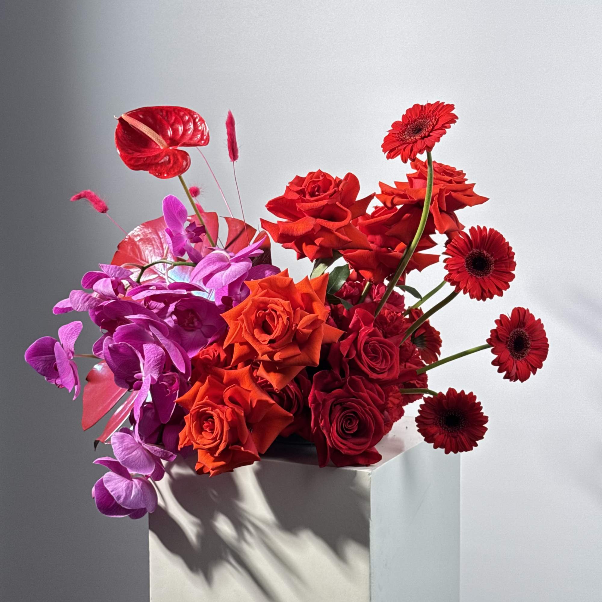 -A radiant mix of purple orchids, red painted leaves, bright Gerbera daisies -A radiant mix of purple orchids, red painted leaves, bright Gerbera daisies