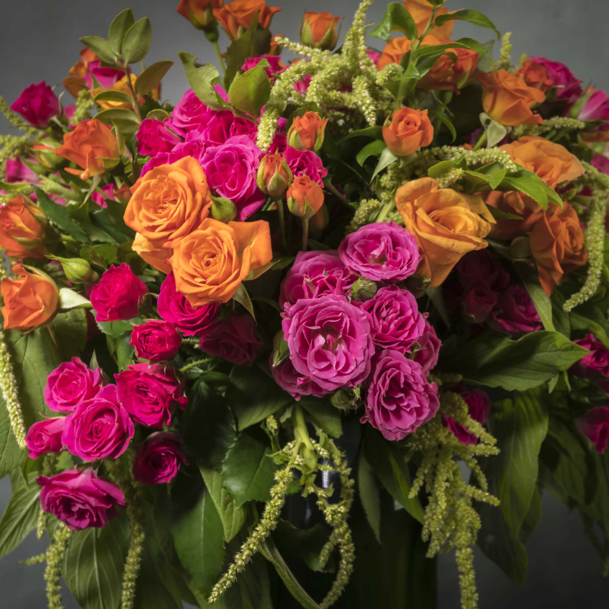 A vibrant mix of gorgeous orange and hot pink Roses in a A vibrant mix of gorgeous orange and hot pink Roses in a