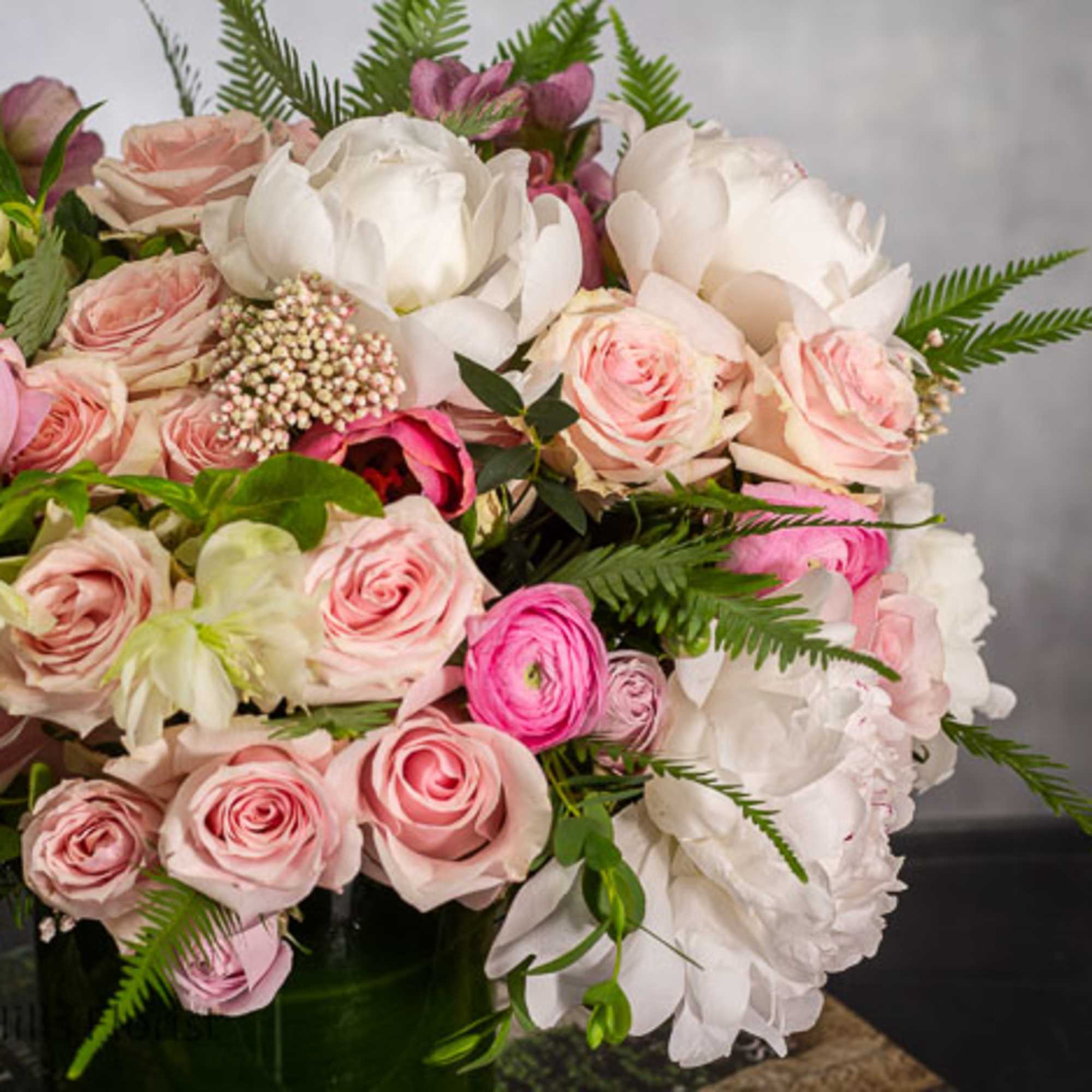 Introducing our White Peony and Pink Rose Ensemble. Set in a circular Introducing our White Peony and Pink Rose Ensemble. Set in a circular