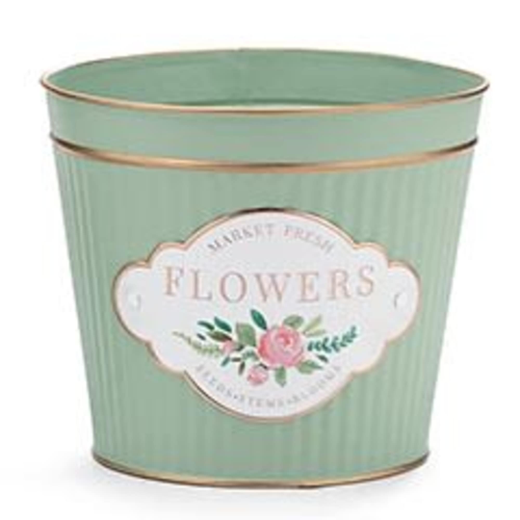 Bright mixed flower arrangement designed in a green metal tin container embellished Bright mixed flower arrangement designed in a green metal tin container embellished
