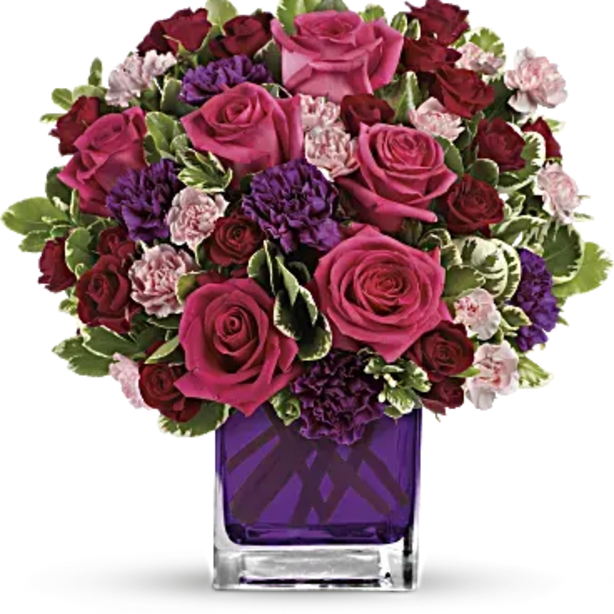 Pure romance. Hot pink roses and dark red spray roses are brightly