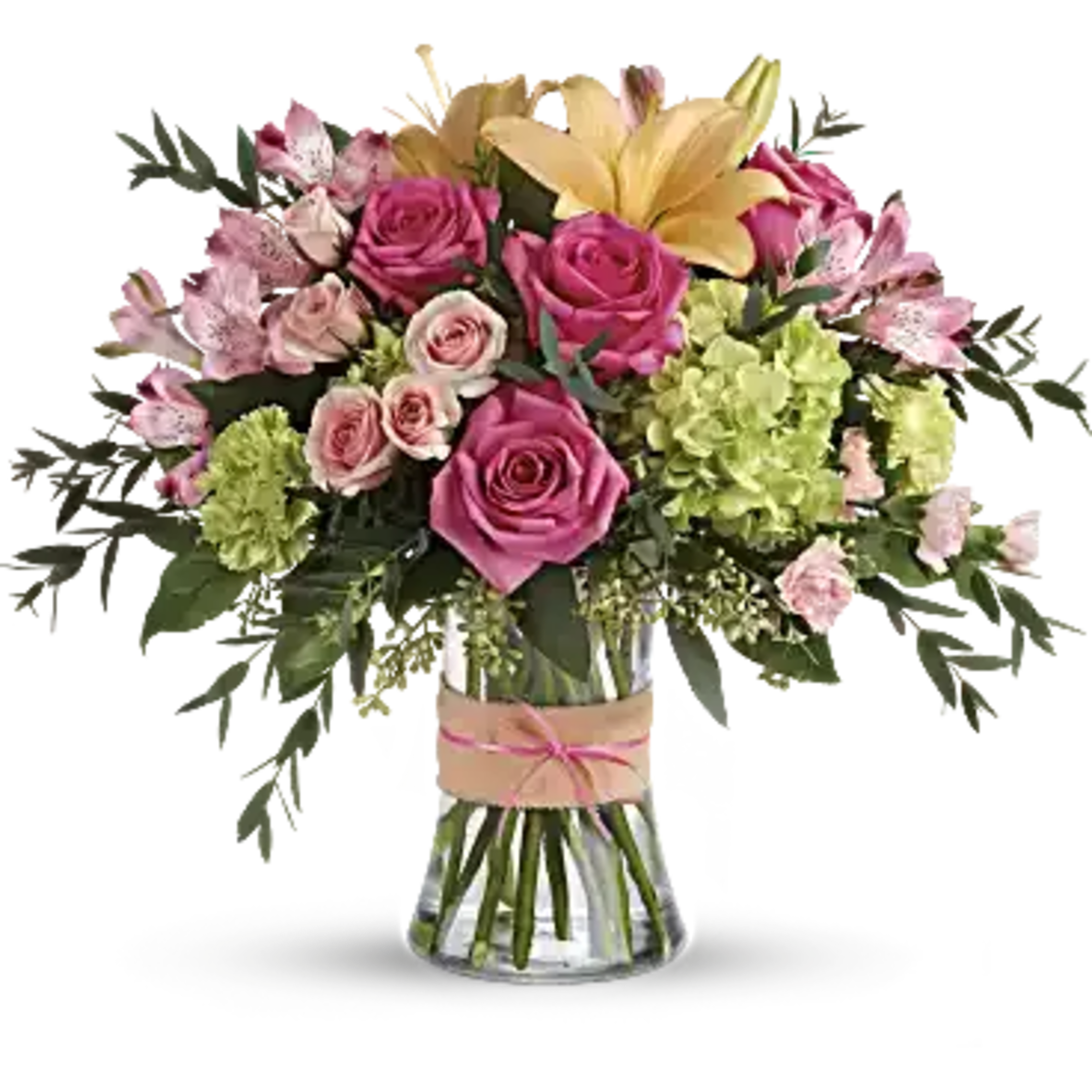 Go ahead, make them blush! This luxurious bouquet of roses, lilies and