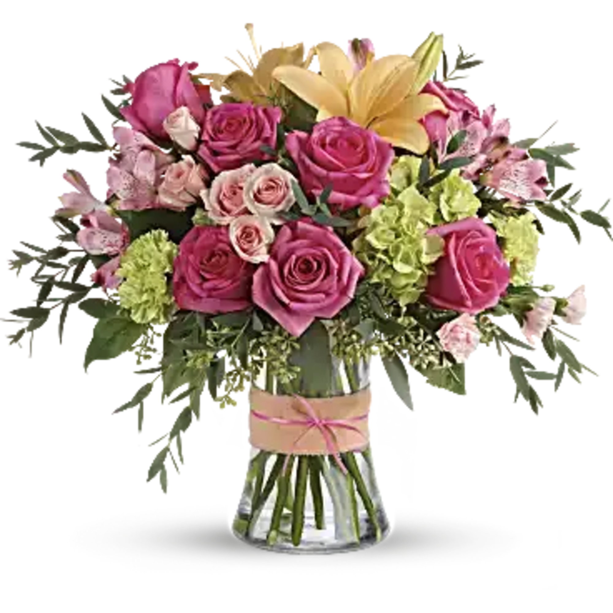 Go ahead, make them blush! This luxurious bouquet of roses, lilies and