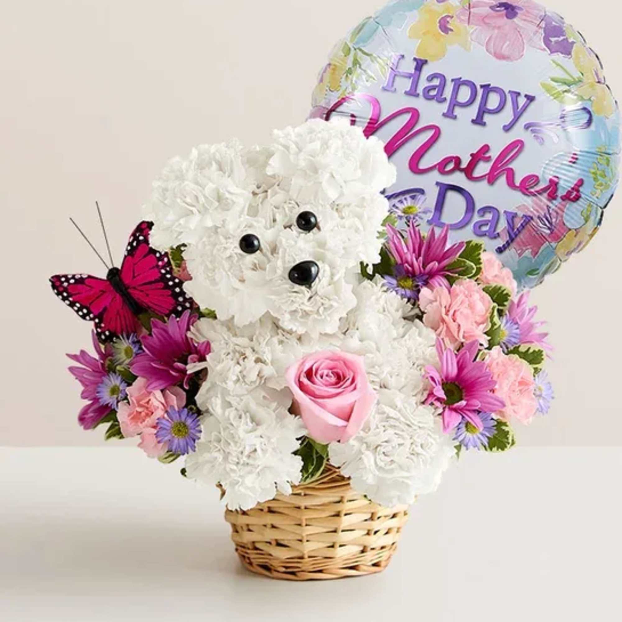 Crafted from white carnations, with sweet pink blooms all around and a