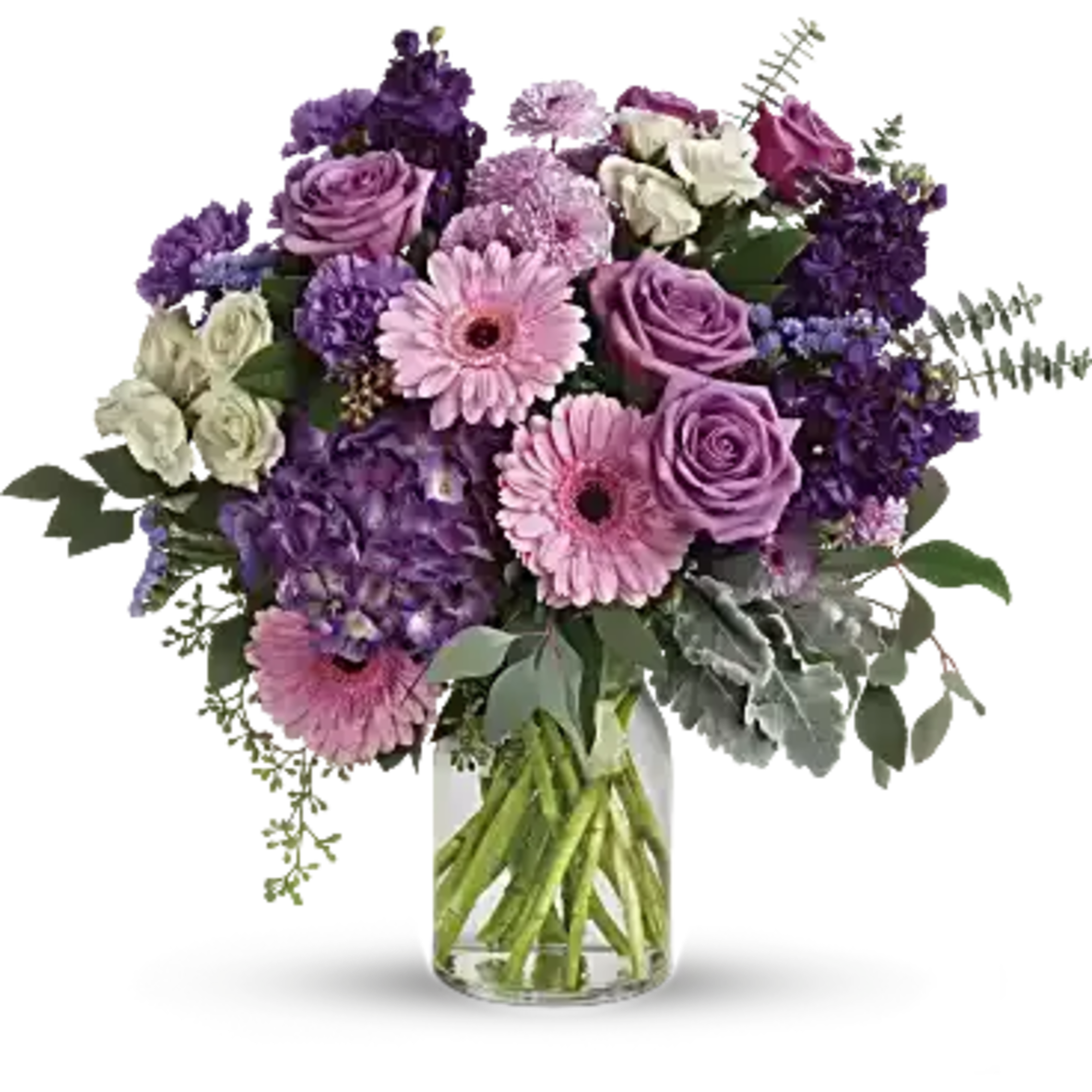 This harmonic mix of deep purple hydrangea with light lavender roses and