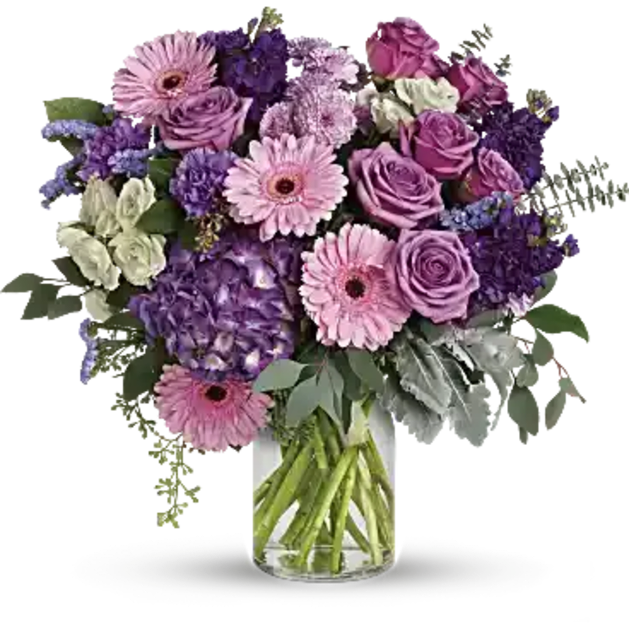 This harmonic mix of deep purple hydrangea with light lavender roses and