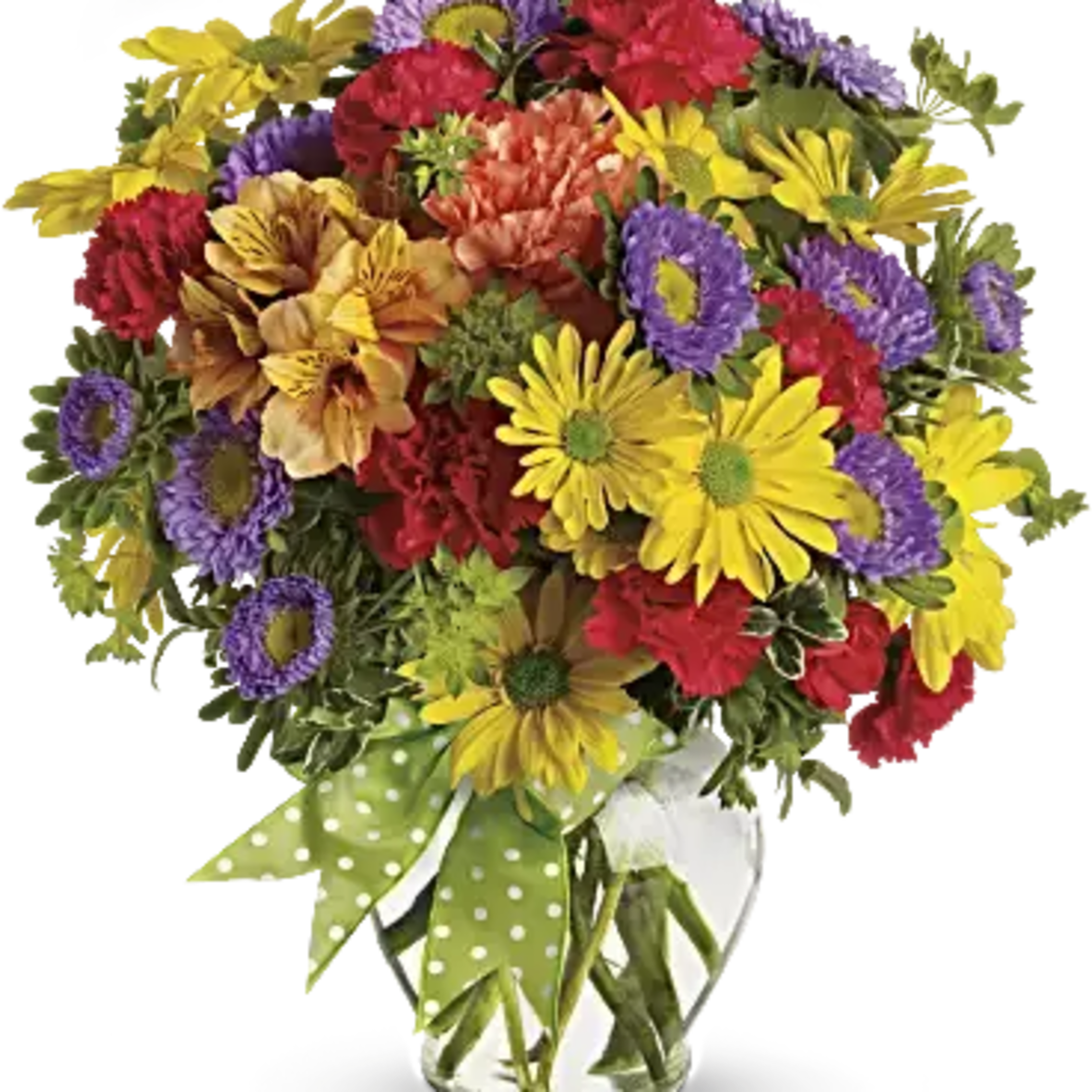 A summery mix of yellow daisy chrysanthemums, purple asters and red and