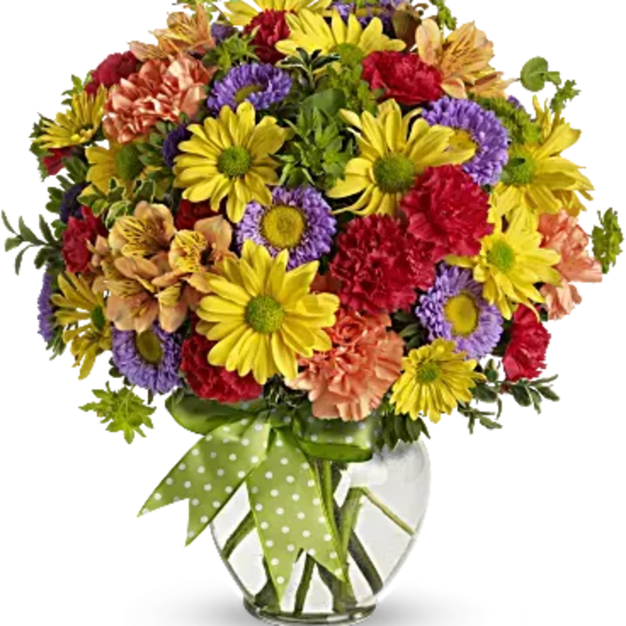A summery mix of yellow daisy chrysanthemums, purple asters and red and