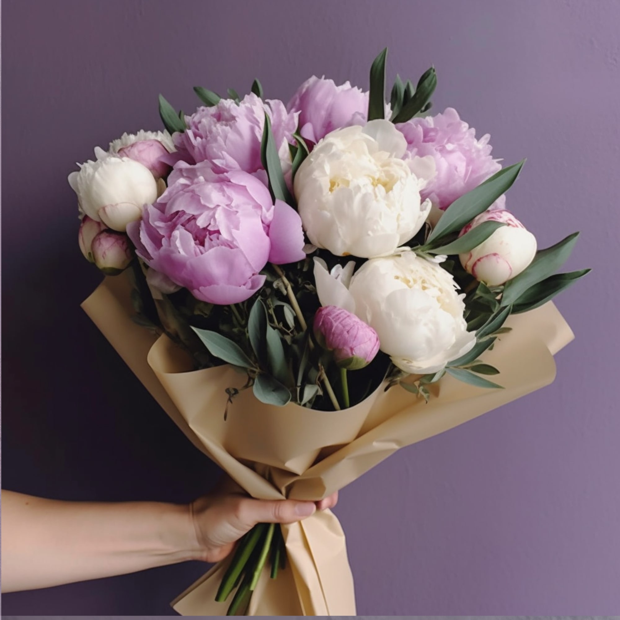 Very beautiful and elegant bouquet with peonies wrapped in paper 