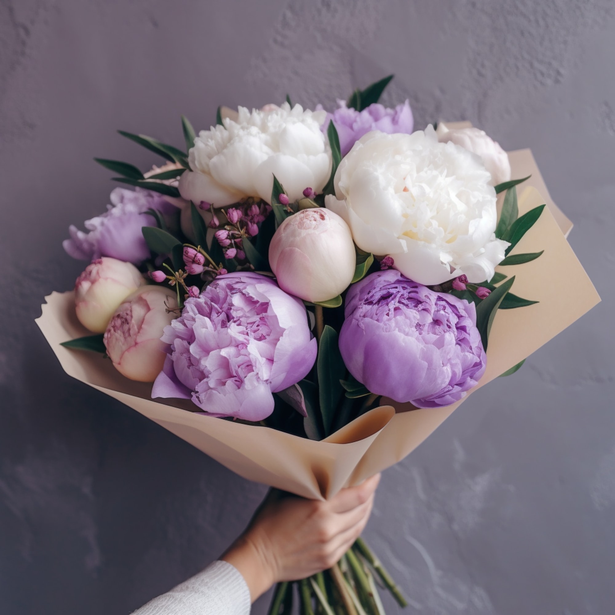 Very beautiful and elegant bouquet with peonies wrapped in paper 