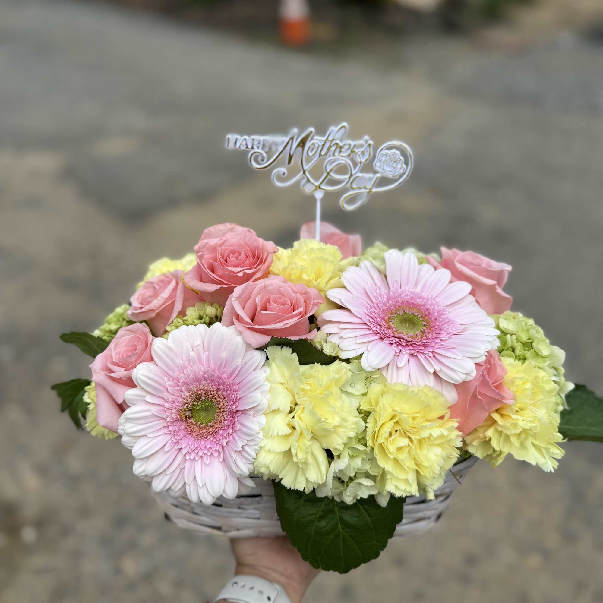 A small basket full in blooms with our favorite colors for this