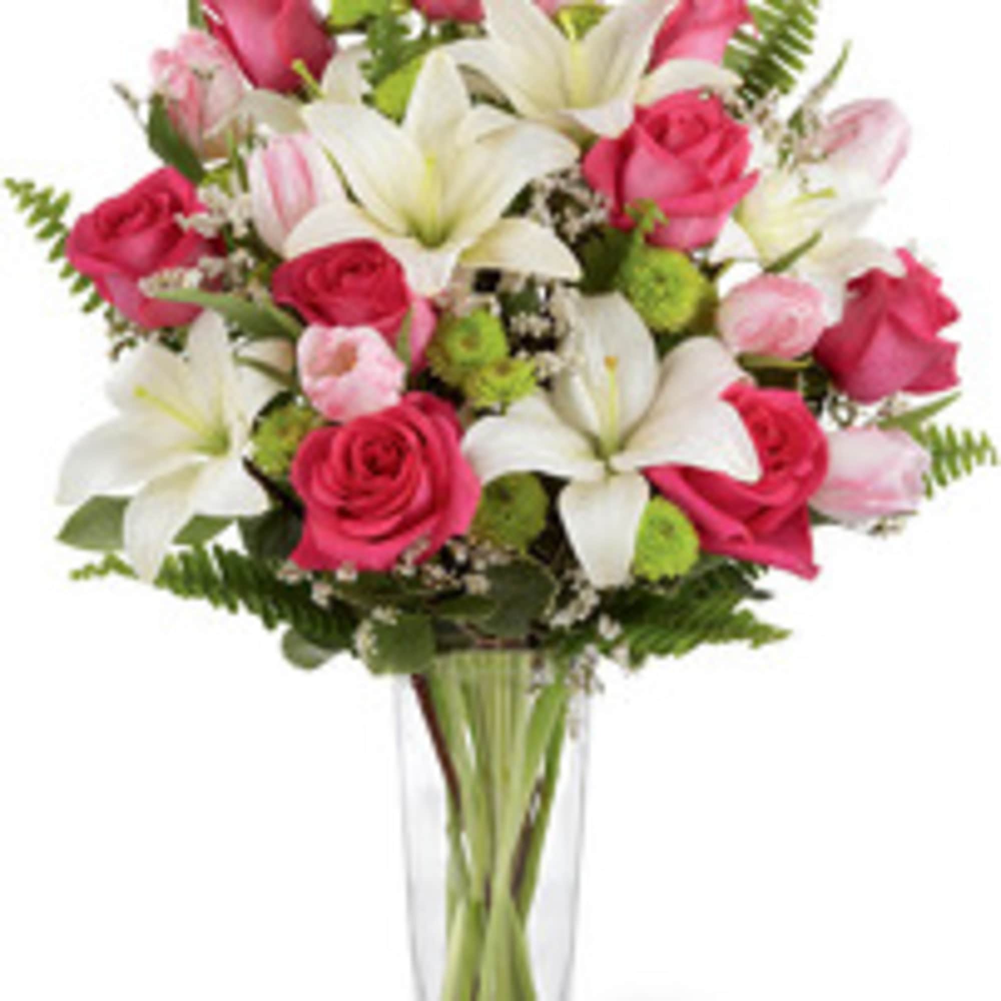 Boasting a fresh from the garden look, this arrangement of fuchsia roses Boasting a fresh from the garden look, this arrangement of fuchsia roses