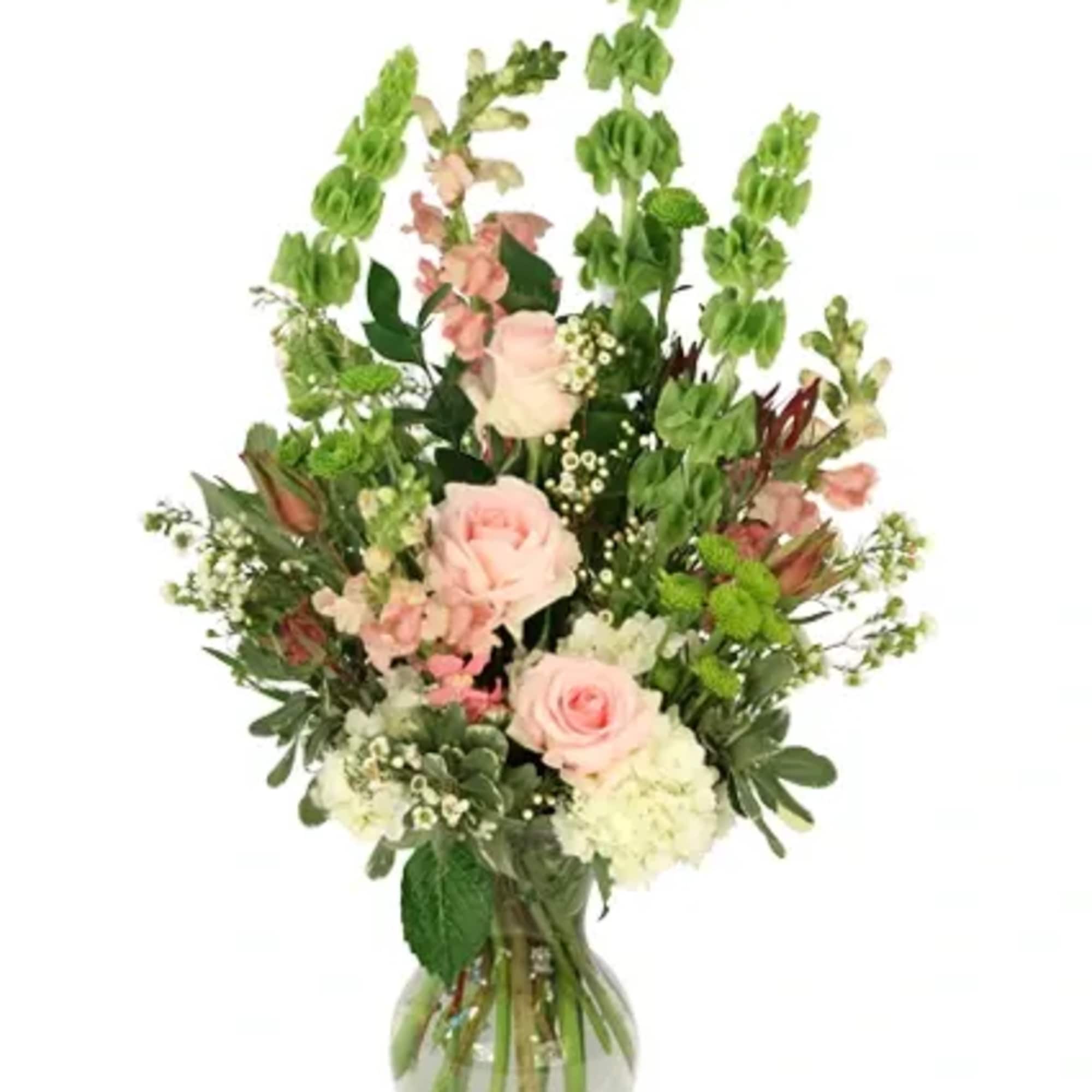 Peaceful Greens is a soothing arrangement that combines white hydrangeas, green button