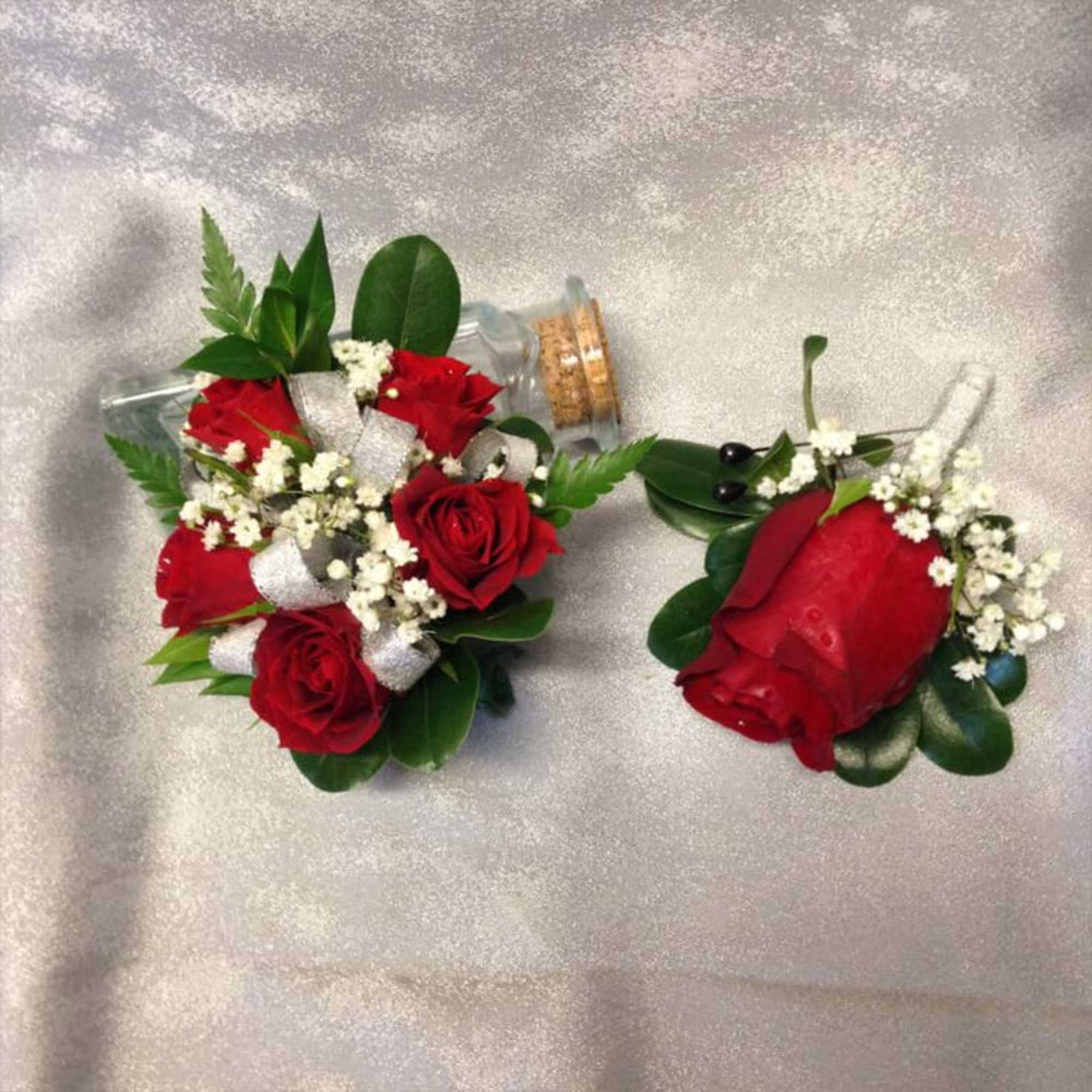 Wrist corsage and boutonniere customized to match perfectly. Please specify details in