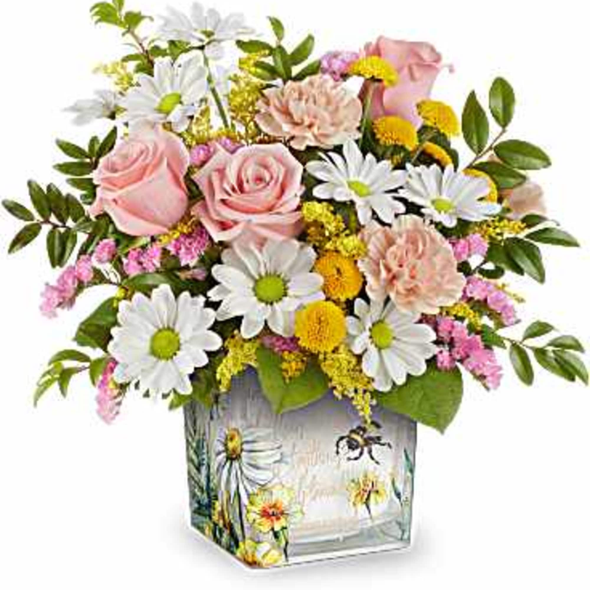 Peach Carnations, Yellow Buttons, White Daisies, Pink Statice and
Yellow Solidago 