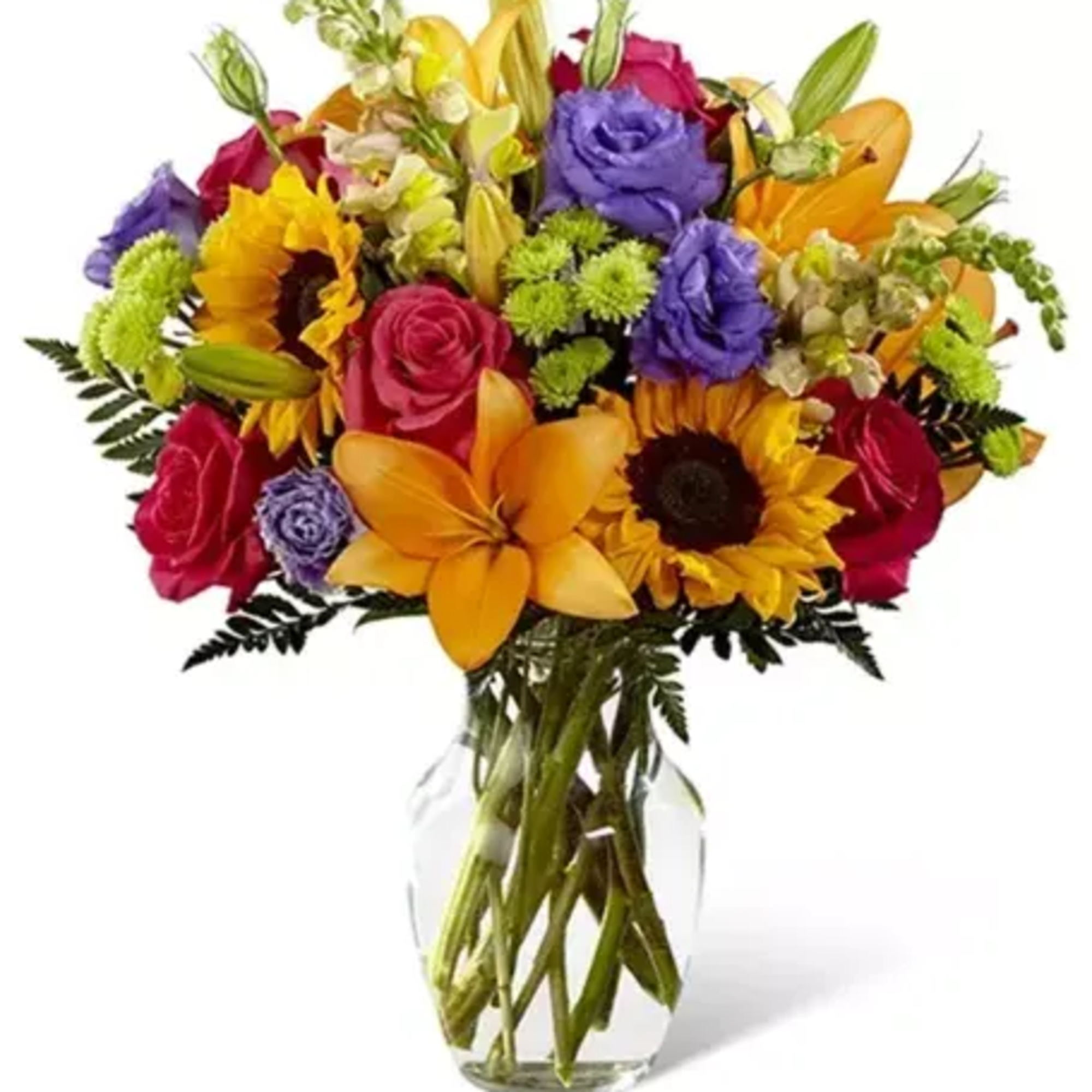 Mixed vase arrangement with sunflowers roses and other bold colorful flowers 