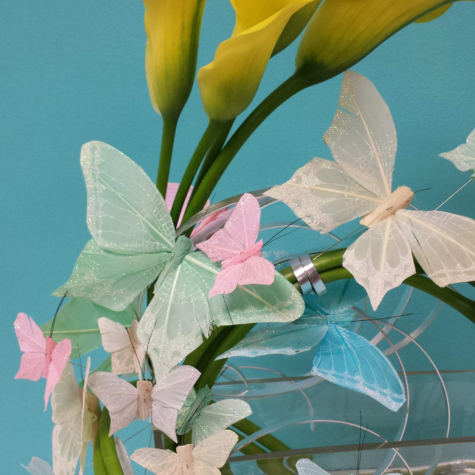 Callas in a square clear vase with butterflies.
There is a window off Callas in a square clear vase with butterflies.
There is a window off