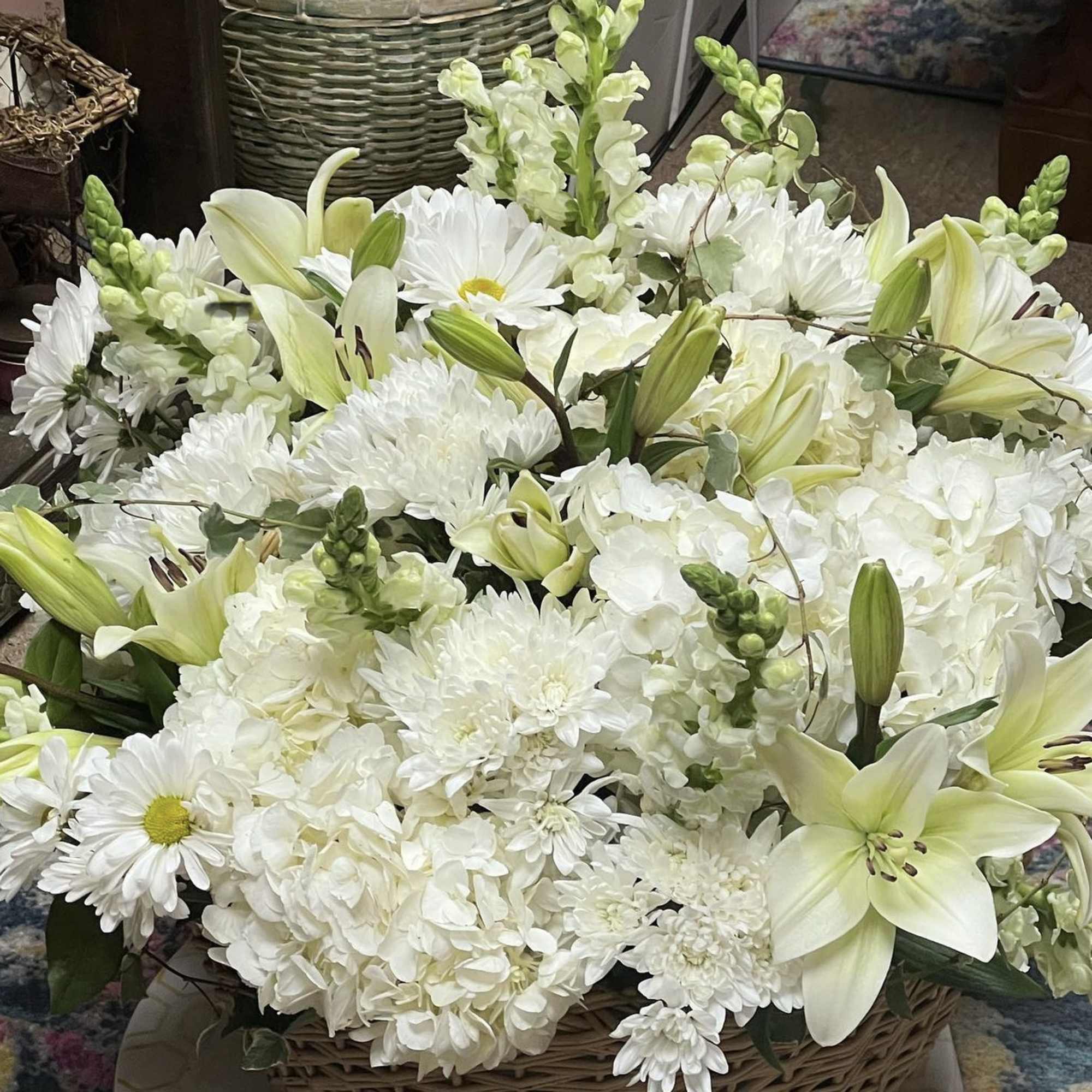 DESIGNERS CHOICE Array of All White Fresh Cut Florals place in a
