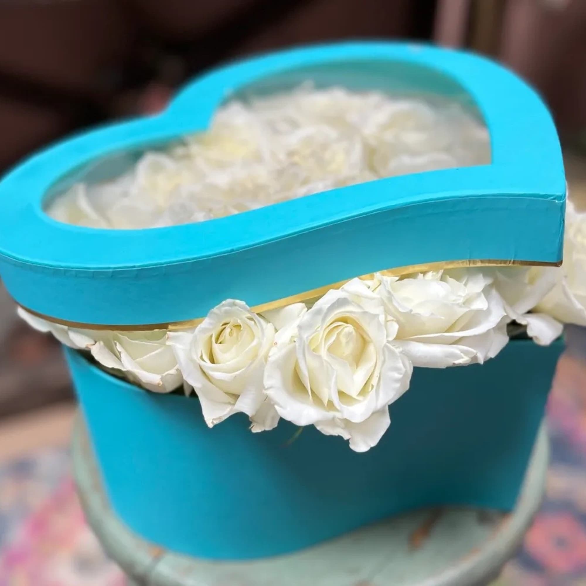 Teal Heart Box Rose Arrangement with Lid Consist of 20-24 Large Bloom